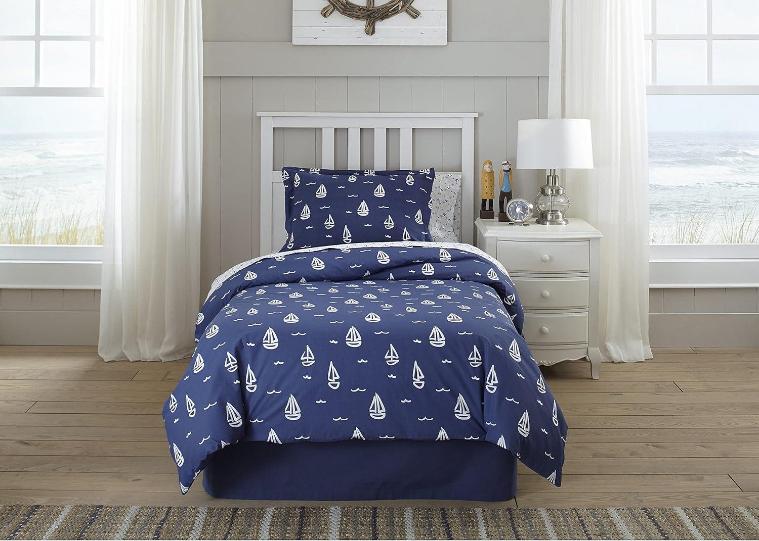 Away at Sea Blue and White Cotton Queen Duvet Set