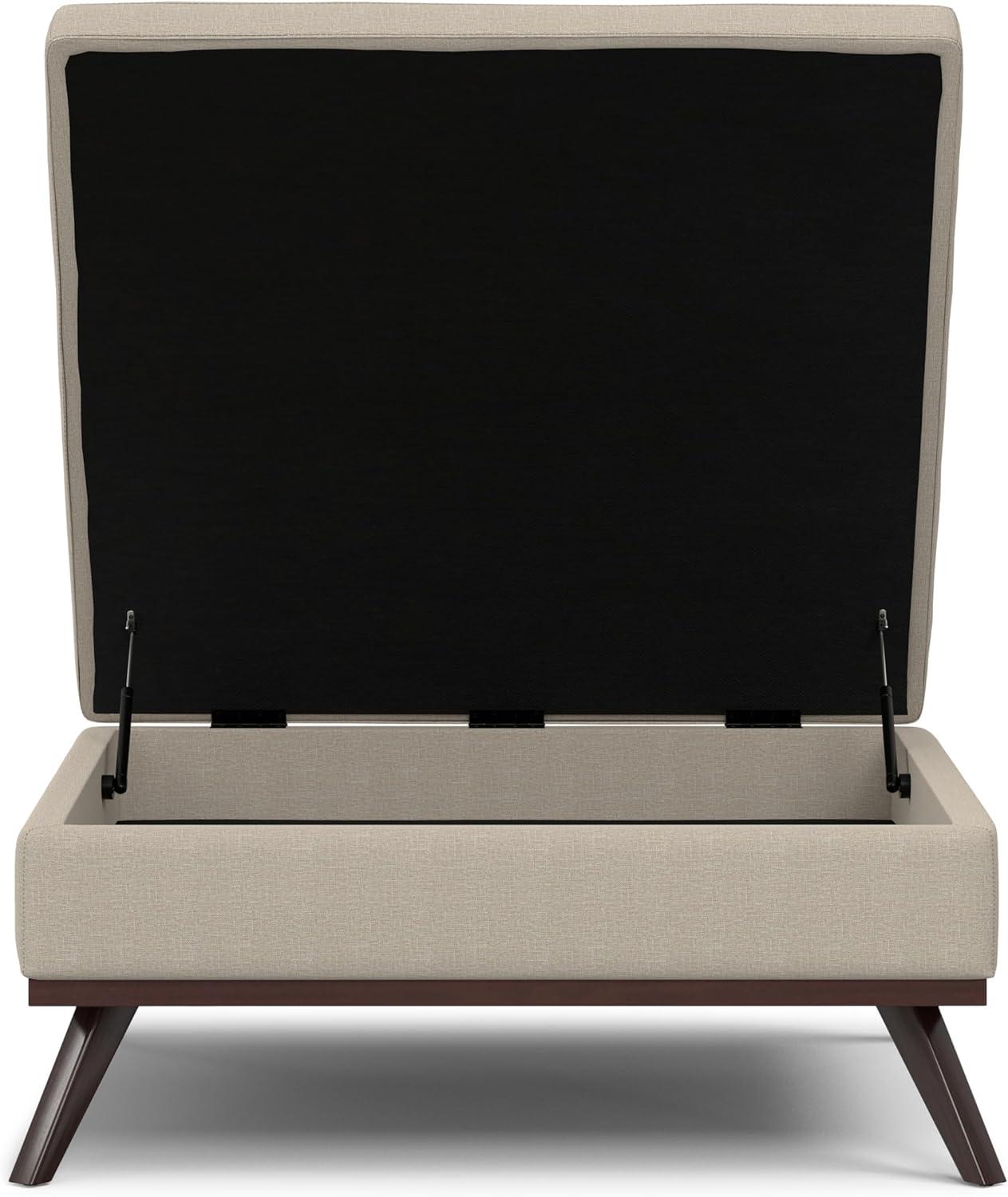 Simpli Home Owen 34"W Upholstered Coffee Table Storage Ottoman with Lift Top and Solid Wood Legs