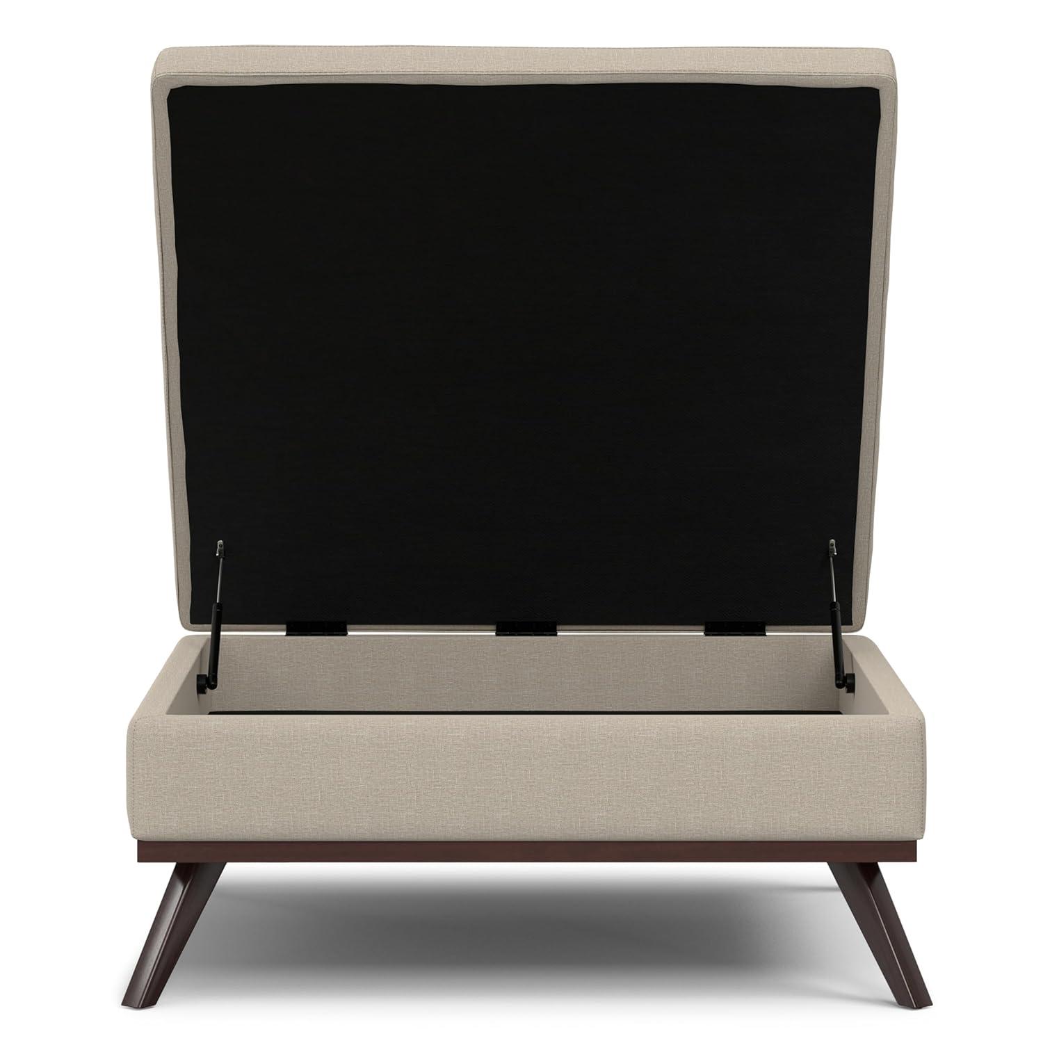 Simpli Home Owen 34"W Upholstered Coffee Table Storage Ottoman with Lift Top and Solid Wood Legs