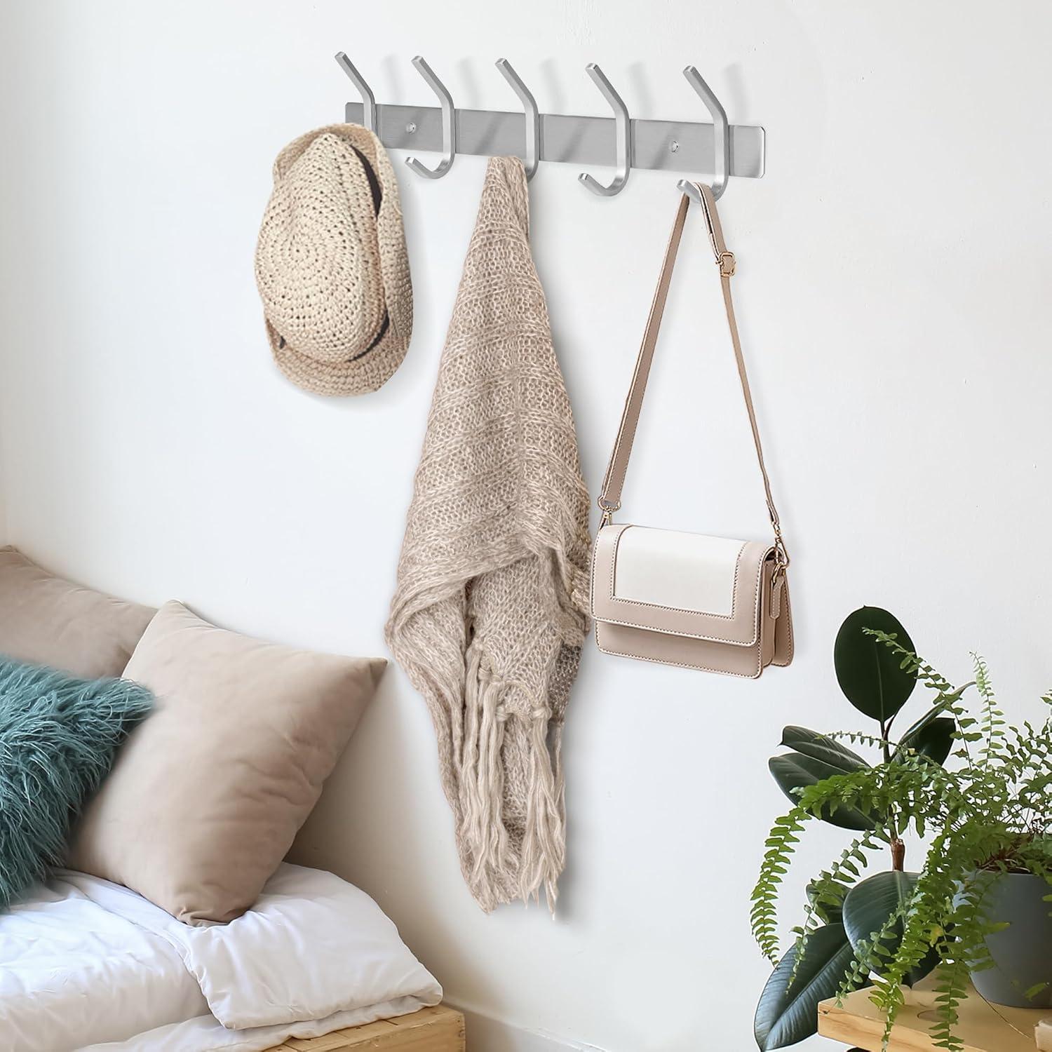 Silver Stainless Steel Wall Mounted Coat Rack with 6 Hooks (2 Pack)