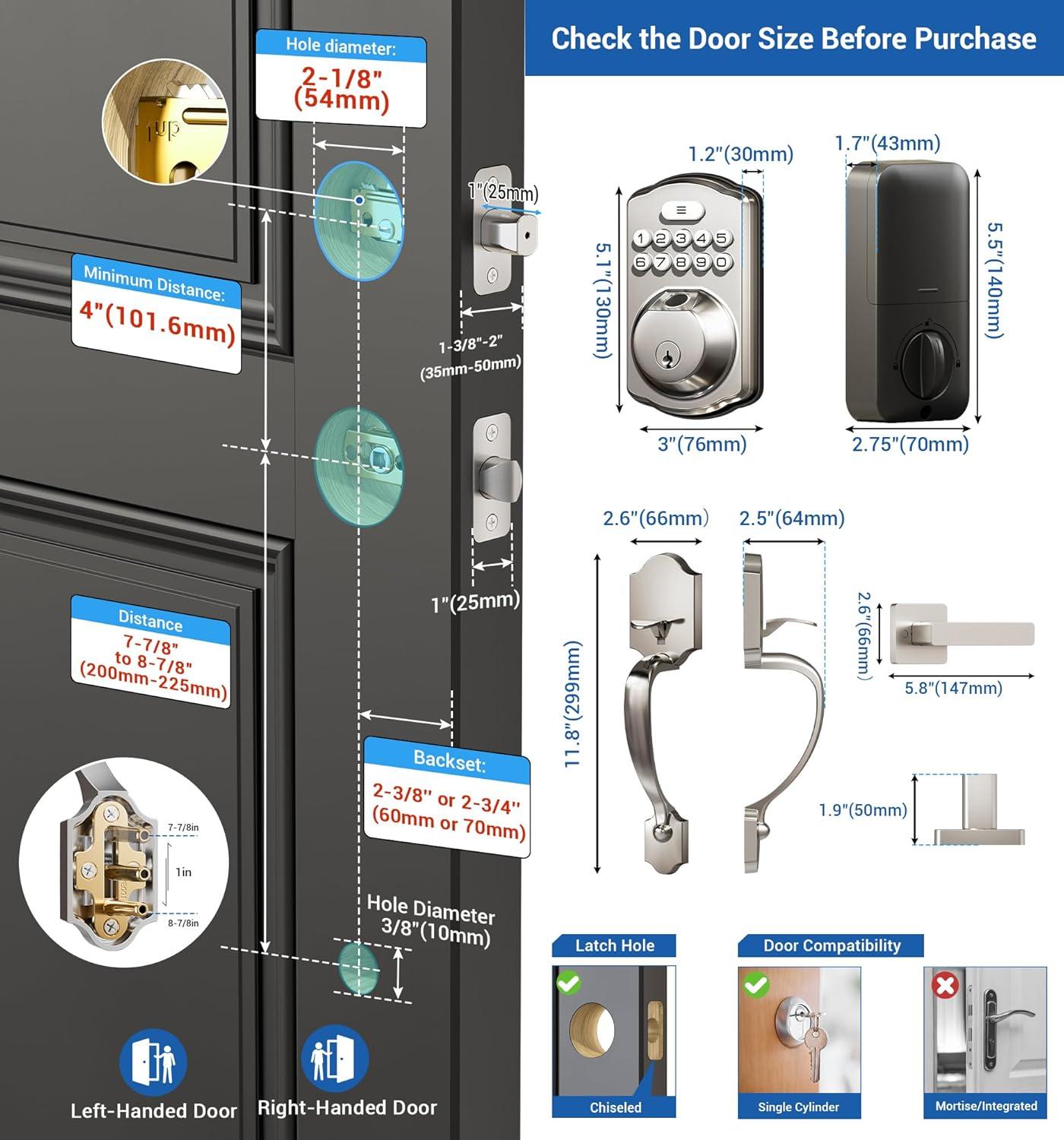 Veise Fingerprint Door Lock Set, Keyless Entry Door Lock, Front Handle Set, Electronic Keypad Deadbolt with Lever Handle, 2 Keys, Auto-Locking, One-time Codes, Easy to Install, Satin Nickel