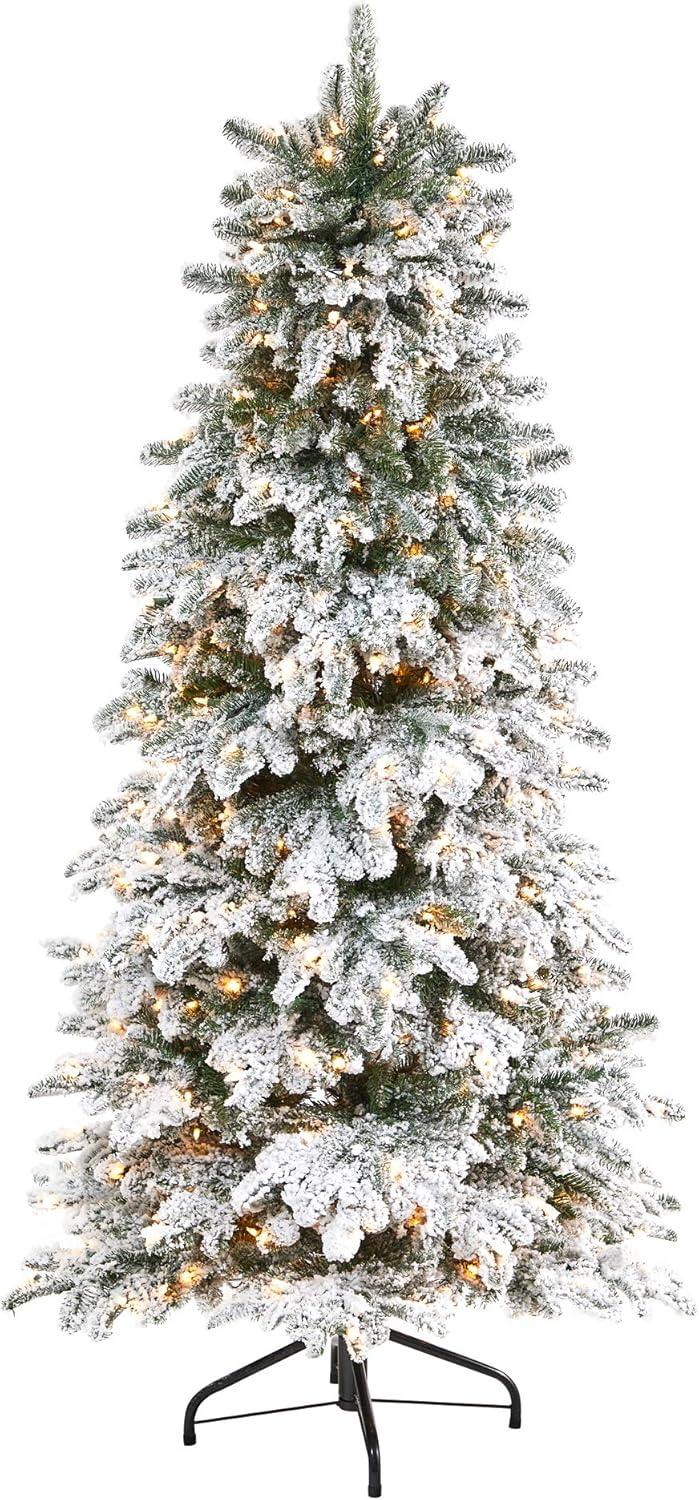 Nearly Natural 6’ Flocked North Carolina Fir Prelit Artificial Christmas Tree