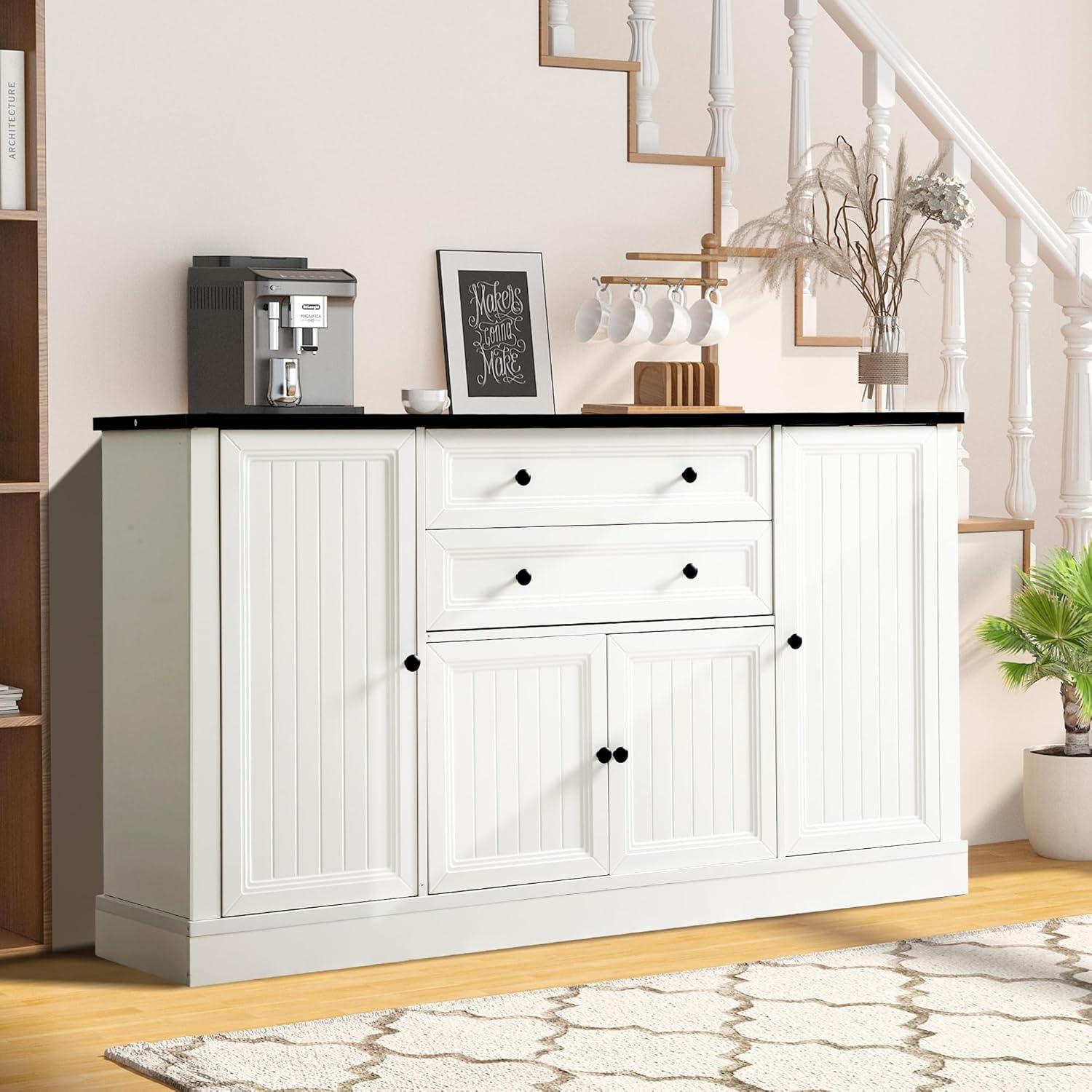 Magic Union 58" Farmhouse Sideboard Buffet Cabinet, Coffee Bar Cabinet with 2 Large Drawers & 4 Grooved Barn Doors, Wood Storage Cabinets for Dinning Room, Kitchen, Living Room, White