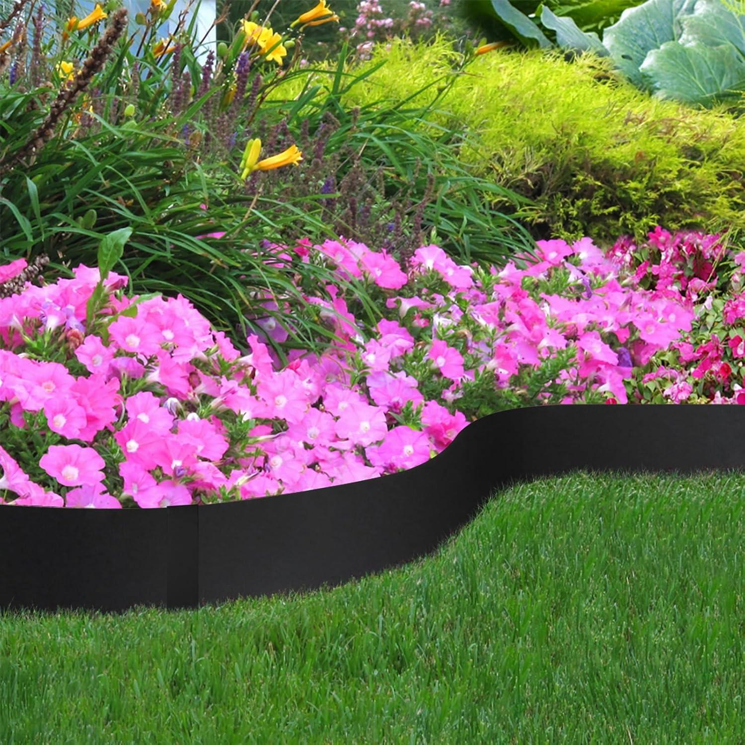 KFFKFF 6 PCS Metal Landscape Edging 40" L x 8" H Galvanized Steel Garden Border Flexible Hammer-In Outdoor Landscaping Edge with 8 Clips for Lawn, Garden, Walkway, Yard (Black)