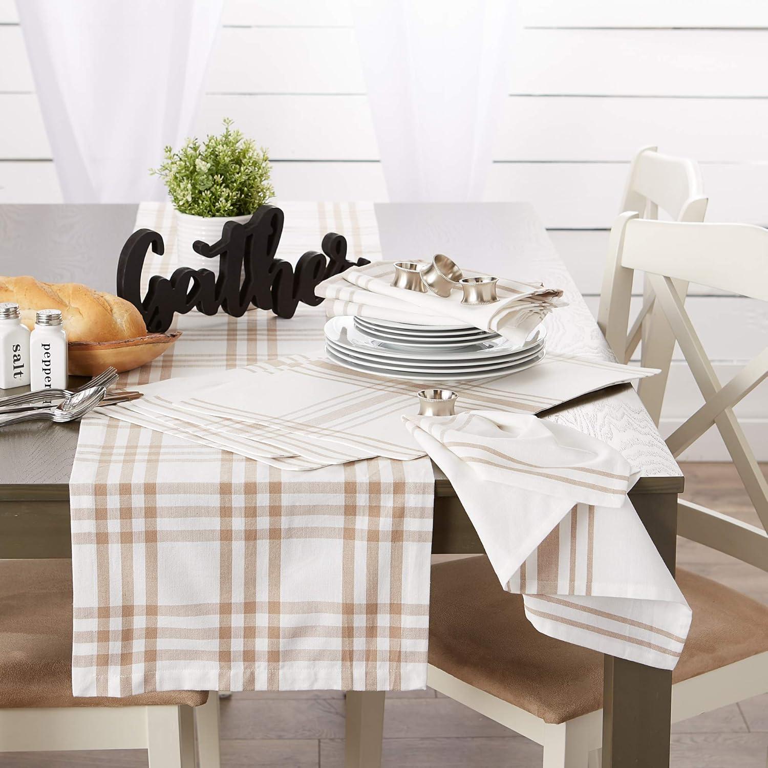 Beige and White Cotton Plaid Table Runner 14x72