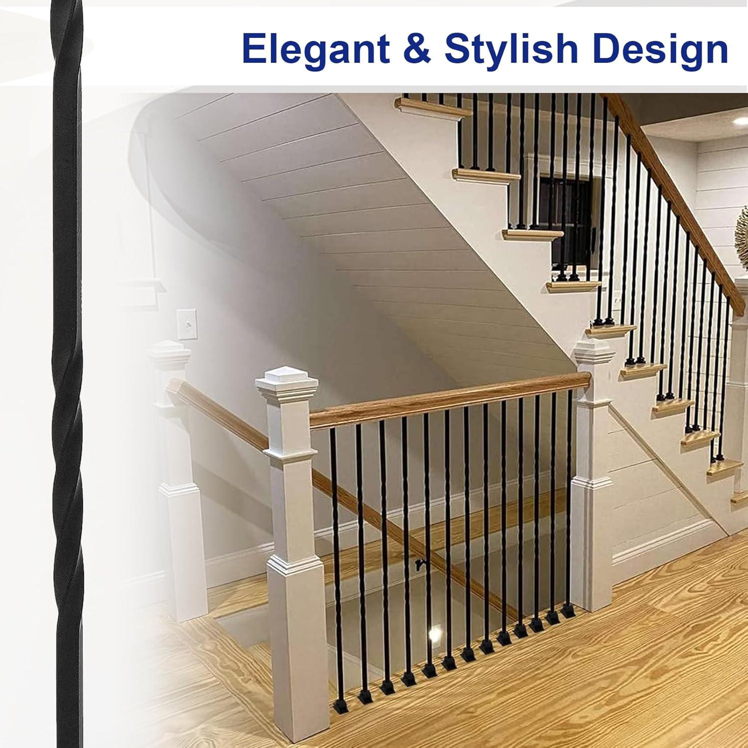 Staircase Metal Balusters, 44'' x 1/2" Galvanized Steel Decorative Banister Spindles, 10 Pack Deck Baluster with Hollow Twists, Satin Black Spiral Stair Railing with Shoes & Screws