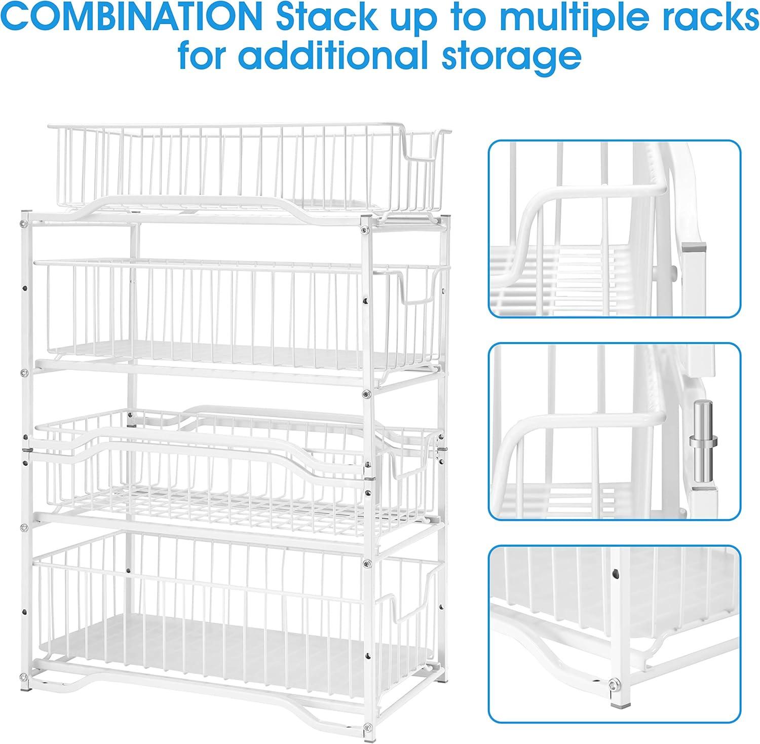 2-Tier Under Sink Storage Sliding Basket Organizer Drawer 2 Pack, White