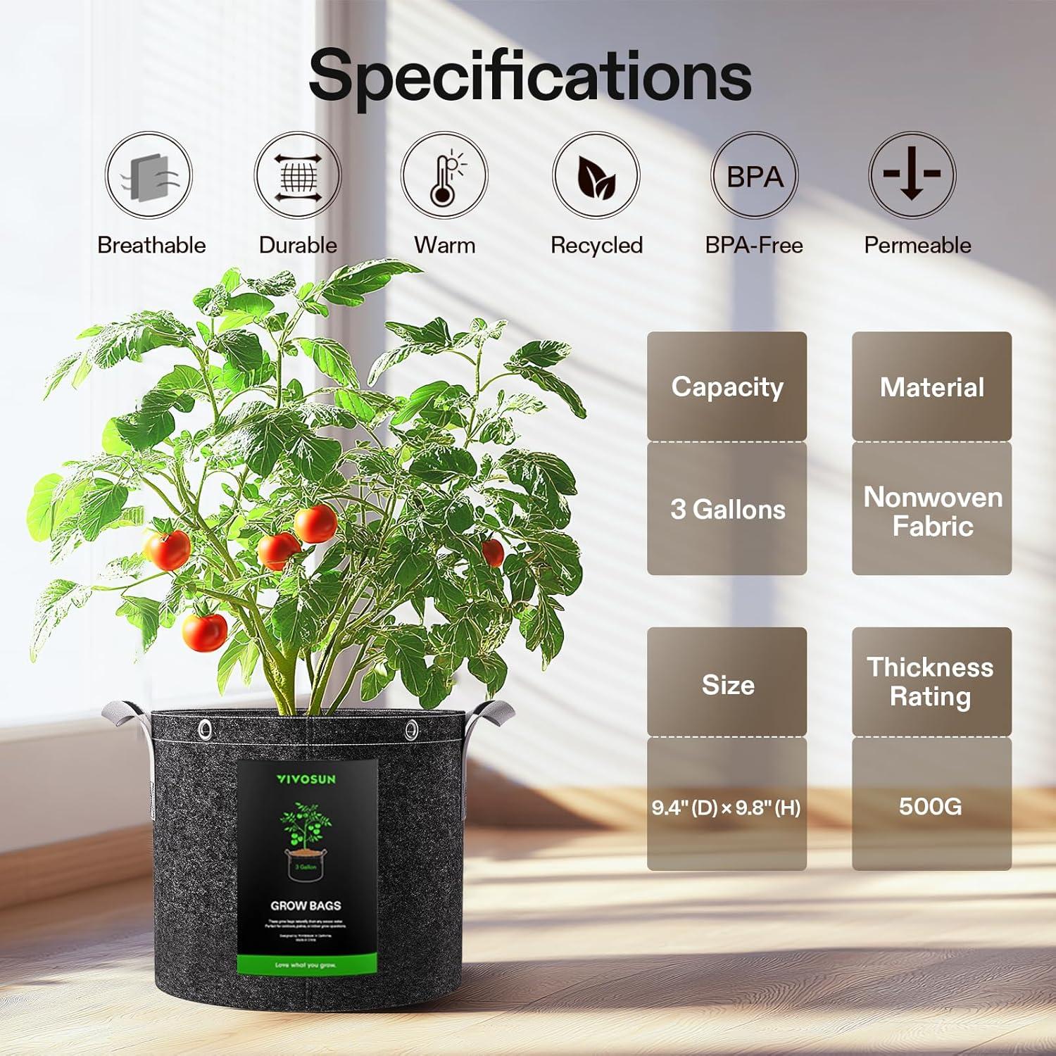 VIVOSUN 5-Pack 3 Gallon Grow Bags, 500G Thick Nonwoven Fabric Pots with Strap Handles, Multi-Purpose Rings, for Low Stress Plant Training Fruits, Vegetables, and Flowers