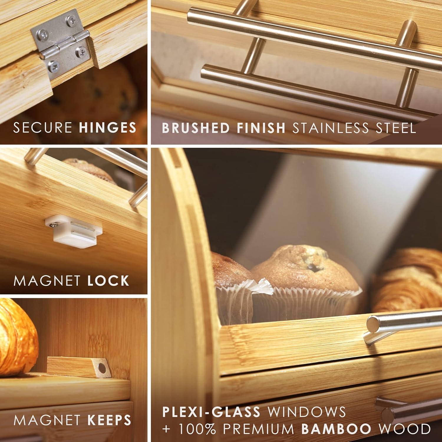 Arise Stylish Bamboo Bread Box for Kitchen Countertop, Extra Large 2-Shelf Wooden Bread Storage Container with Clear Windows and Air Vents Keep Bread, Bagels and Rolls Fresh, Self Assembly