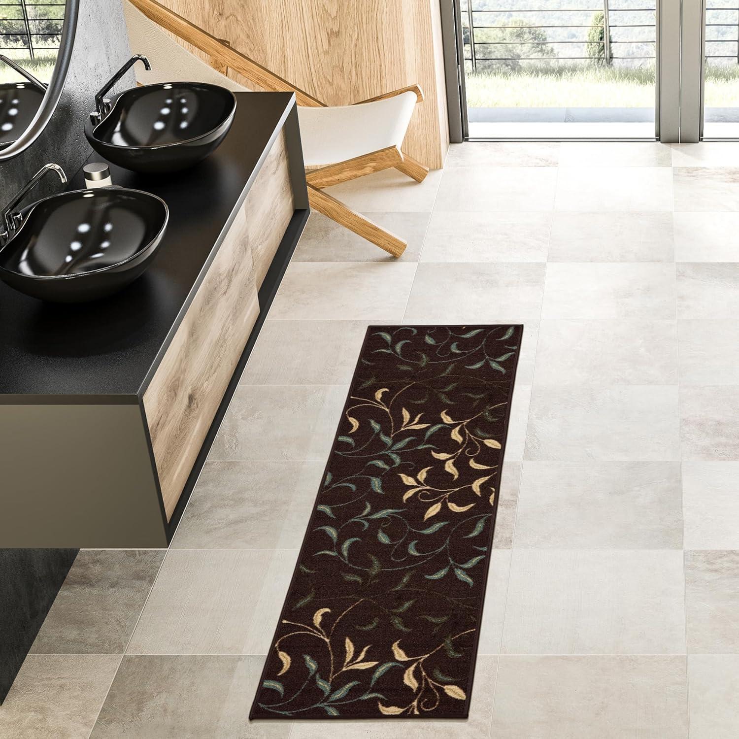 Ottohome Non-Slip Leaves Area Rug For Living Room, Hallway Runner, Entryway Rug, Brown