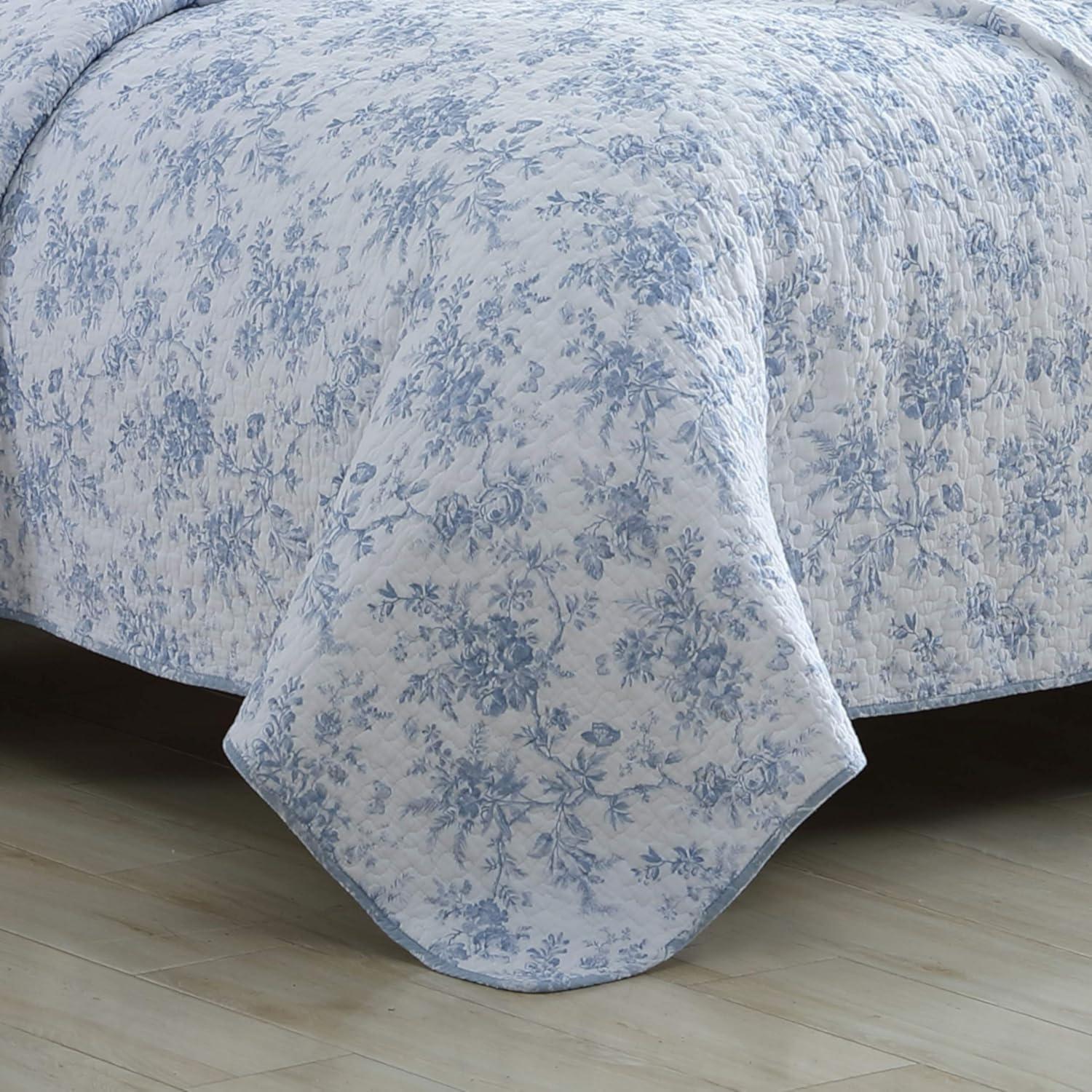 Blue Floral Cotton Reversible Full Quilt Set