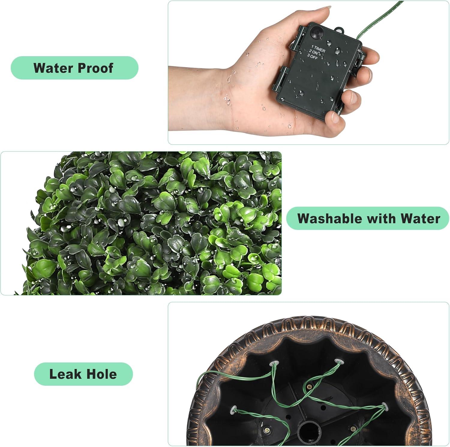 Yuan Home 2Pcs 12” Artificial Plant Topiary Ball With Pot, Faux Boxwood Balls With LED