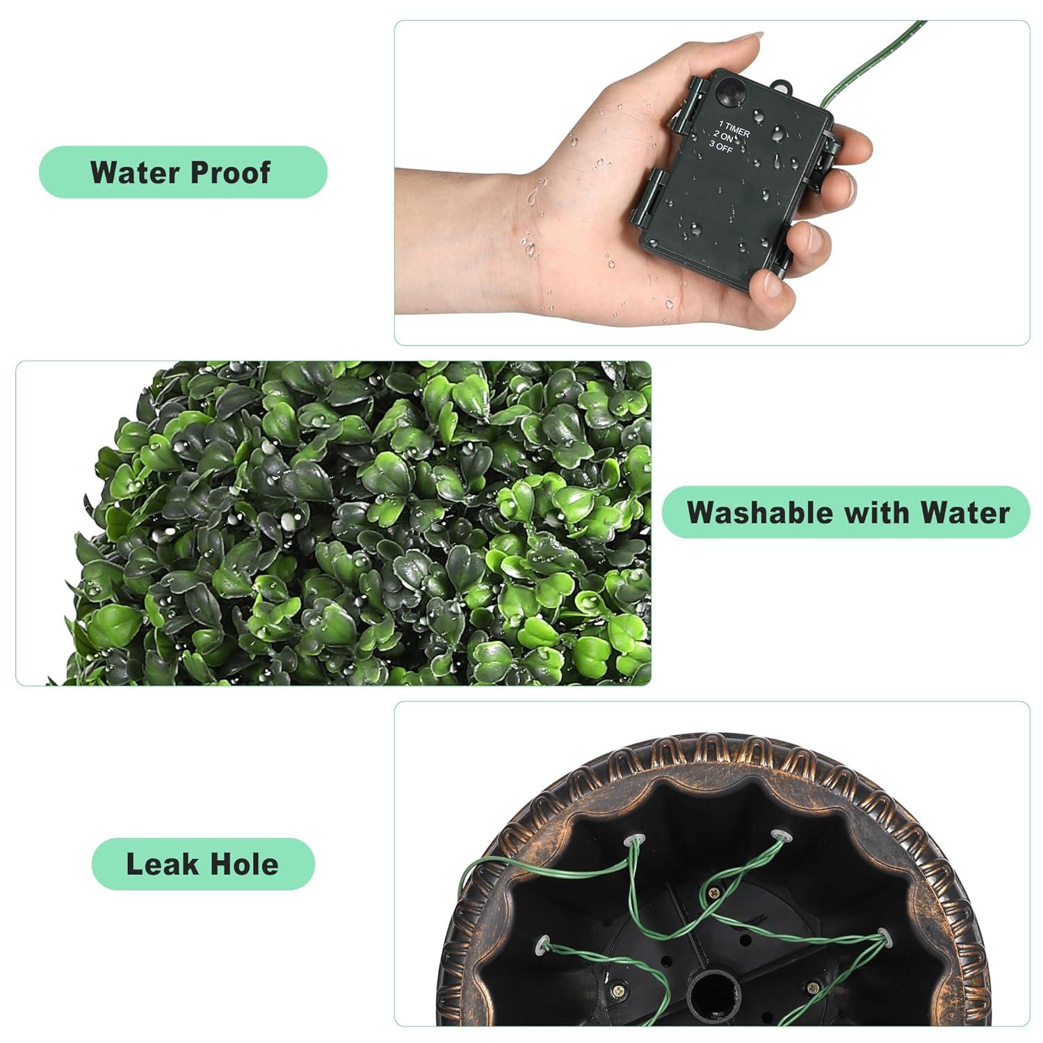 Yuan Home 2Pcs 12” Artificial Plant Topiary Ball With Pot, Faux Boxwood Balls With LED