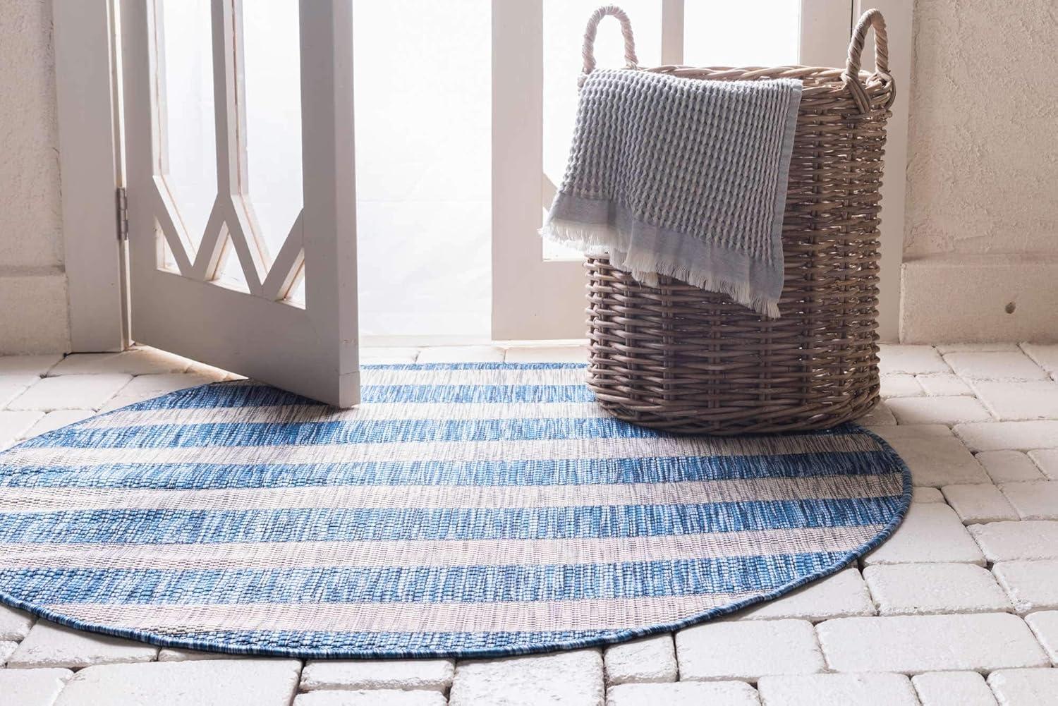 Unique Loom 4' 1 x 4' 1 Round Indoor/Outdoor Striped Blue Area Rug