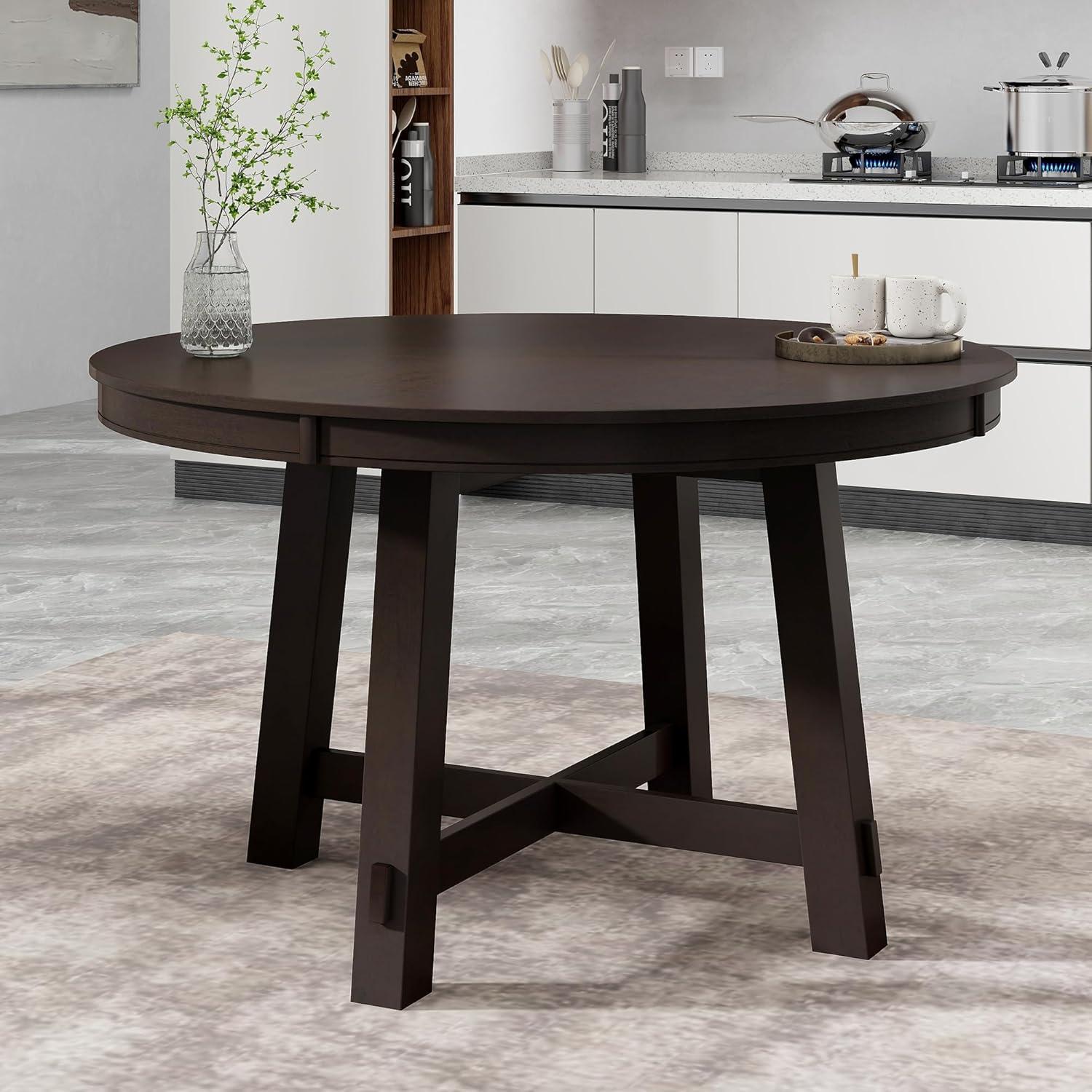 Farmhouse Round Extendable Dining Table With 16" Leaf Wood Kitchen Table (Espresso)