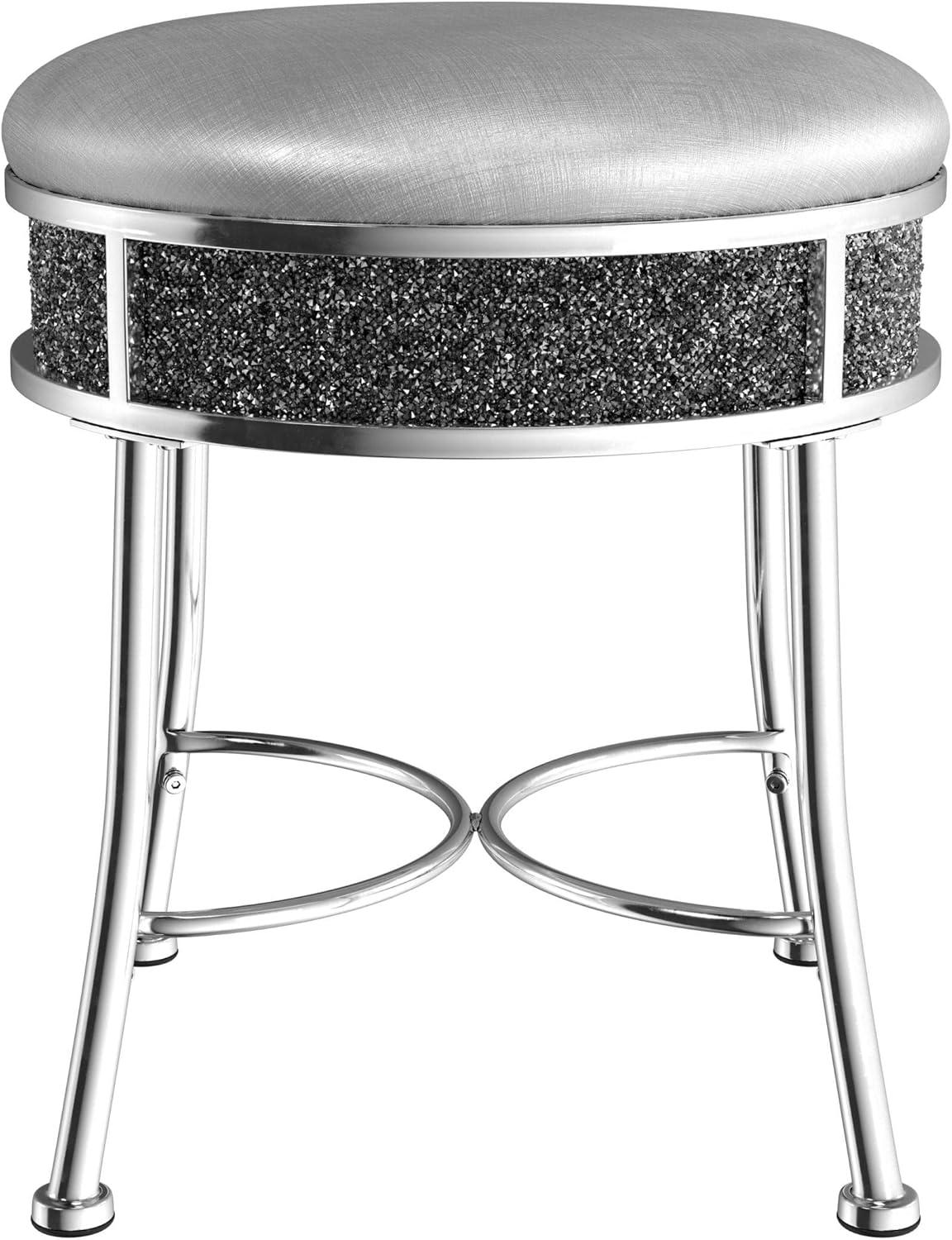 Hillsdale Roma Diamond Glam Fabric Upholstered Backless Vanity Stool in Chrome