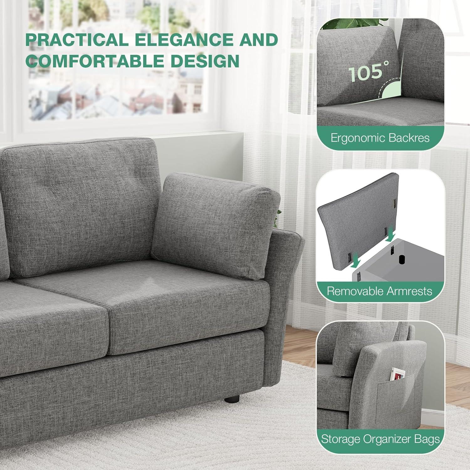 Novilla 57" Loveseat Sofa for Living Room, Linen Fabric Upholstered Small Couch With 2 Bolster Pillows for Apartment, Bedroom, Toolless Assembly, Grey