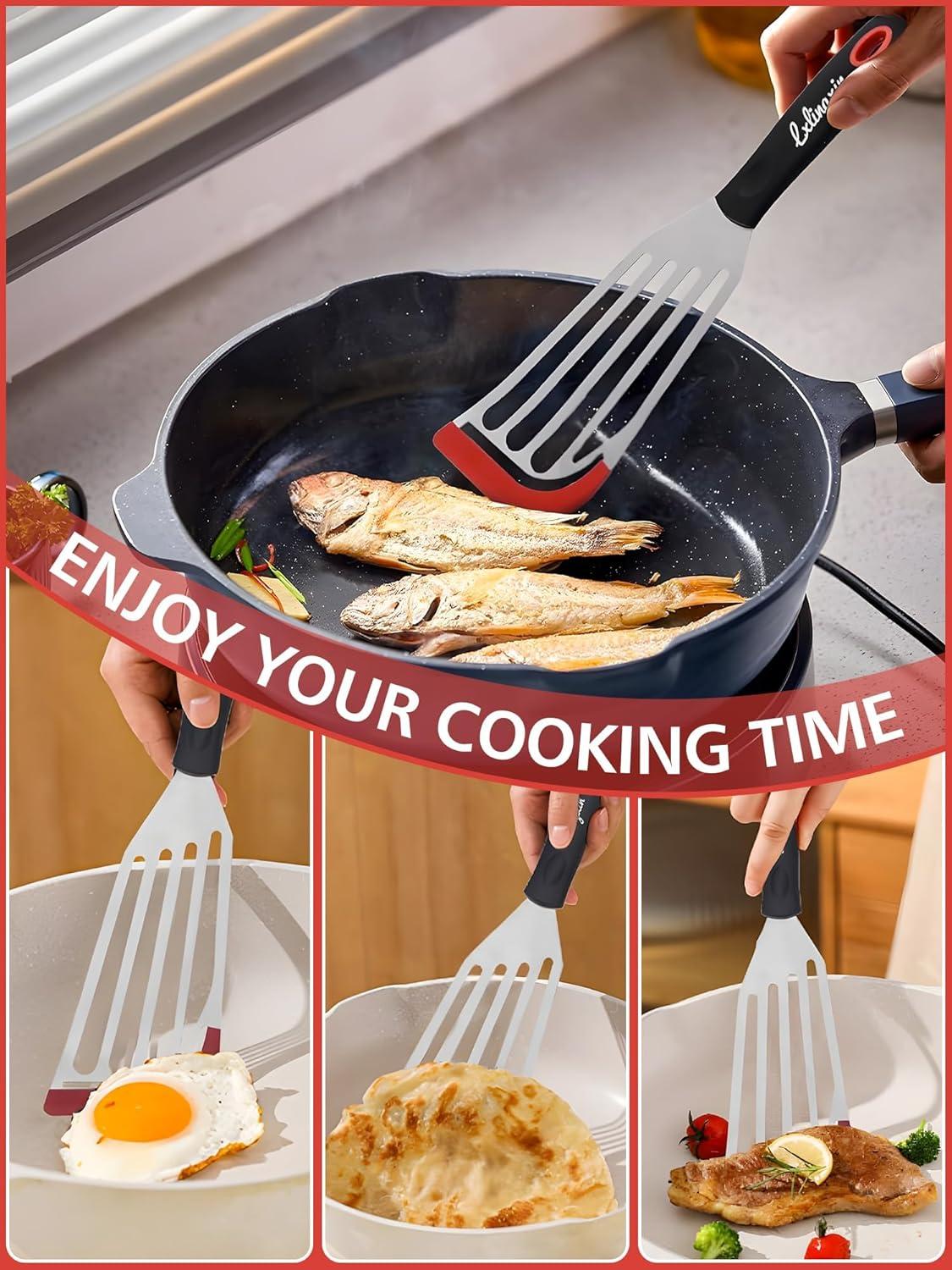 Fish Spatula Turner Set of 2, Heat Resistant Silicone Edge Slotted Fish Spatulas for Nonstick Cookware, Flexible and Thin Stainless Steel Kitchen Cooking Spatula Flipper for Fish, Egg, Pancake