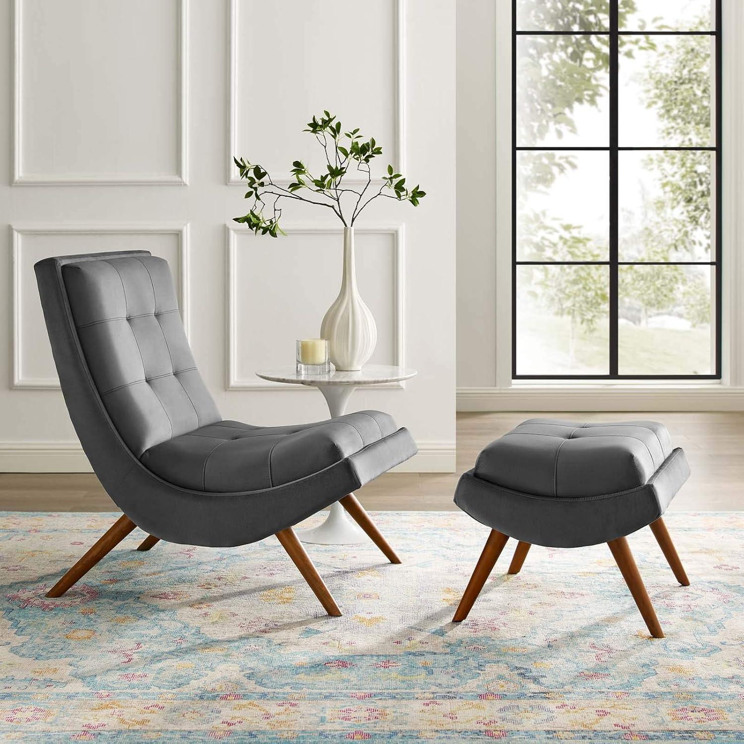 Modway Ramp Performance Velvet Lounge Chair and Ottoman Set in Gray
