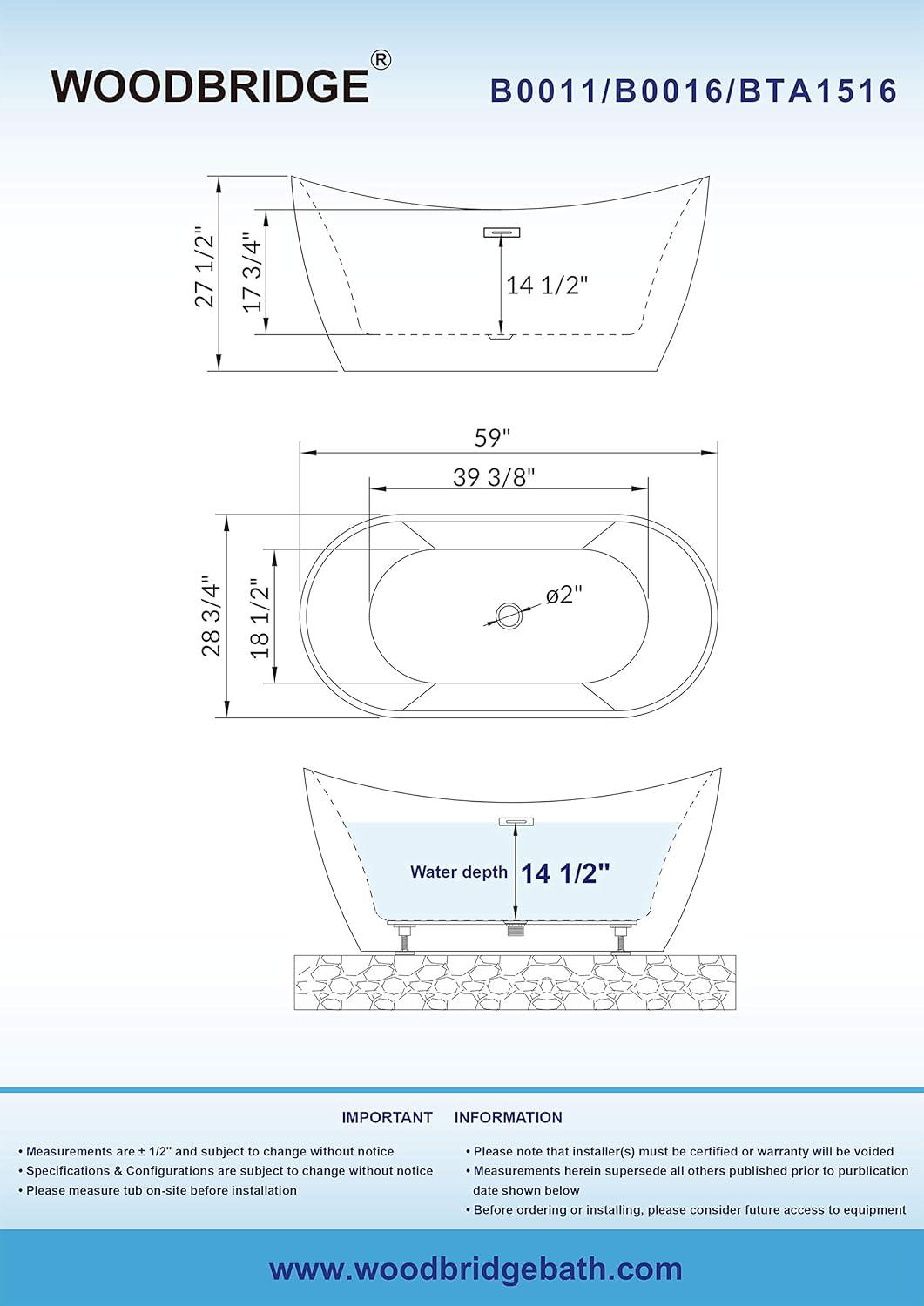 59" White Acrylic Freestanding Oval Bathtub with Matte Black Overflow