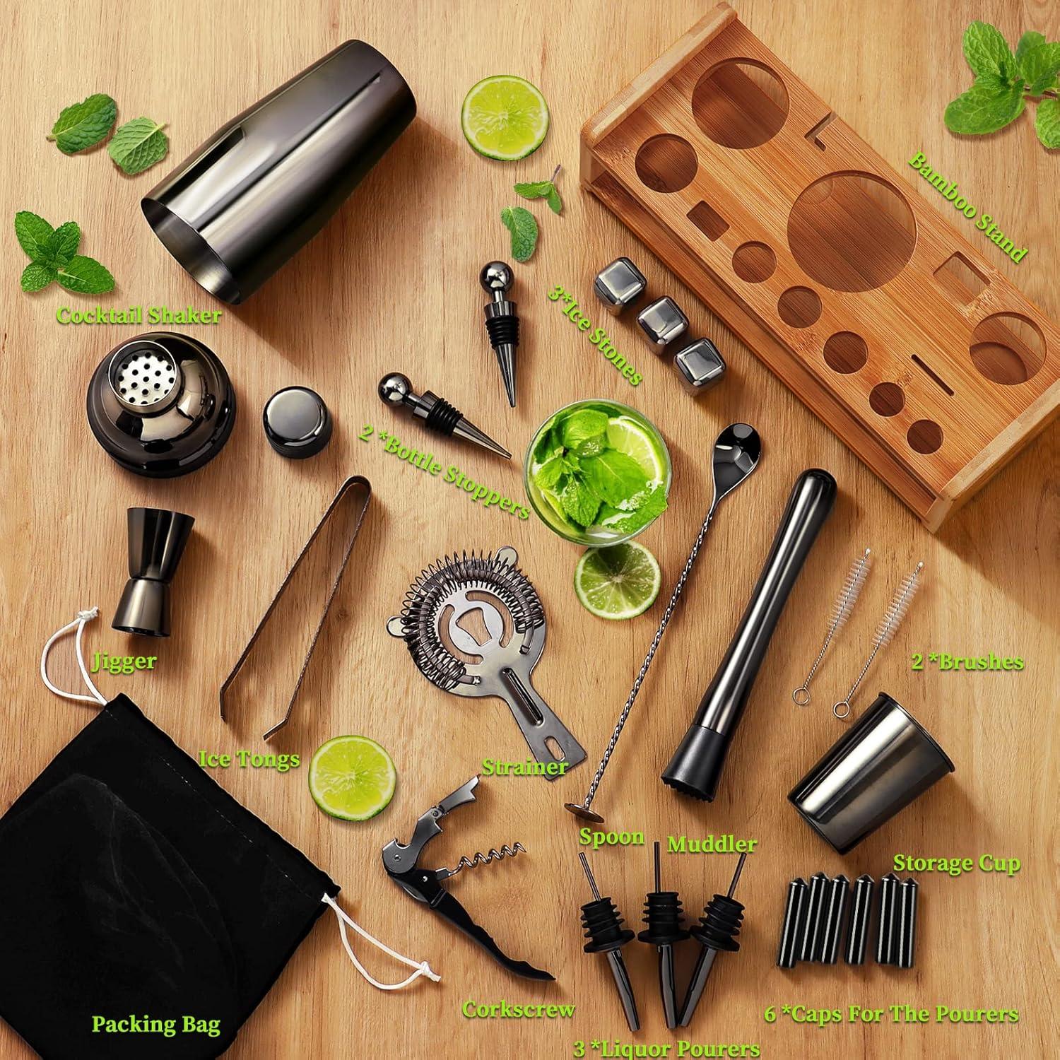 26-Piece Black Stainless Steel Bartender Kit with Bamboo Stand