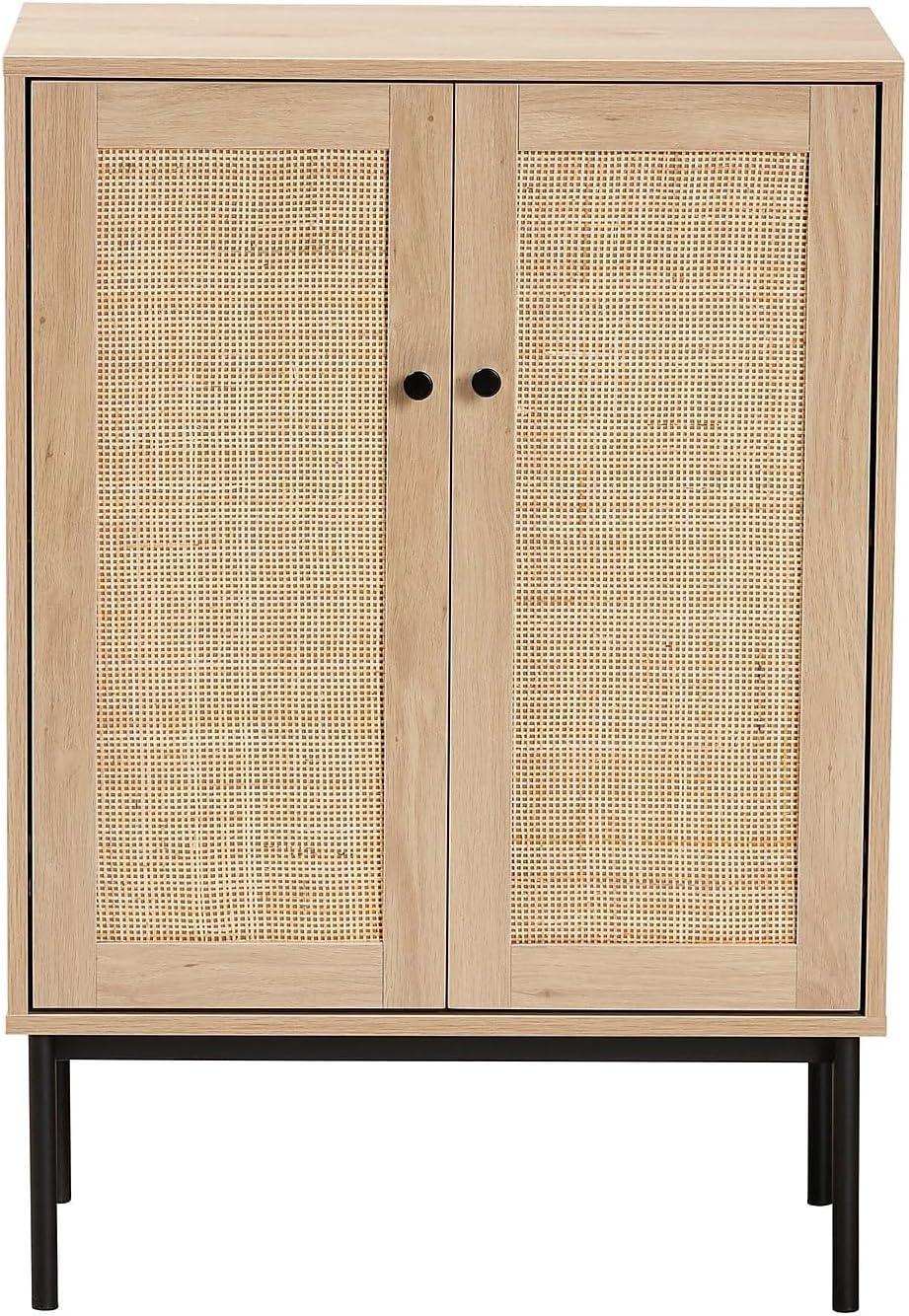 Sherwin 2 Door Storage Cabinet with Woven Rattan Accent Light Brown/Black - Baxton Studio: Mid-Century, Metal Base, Wood Frame