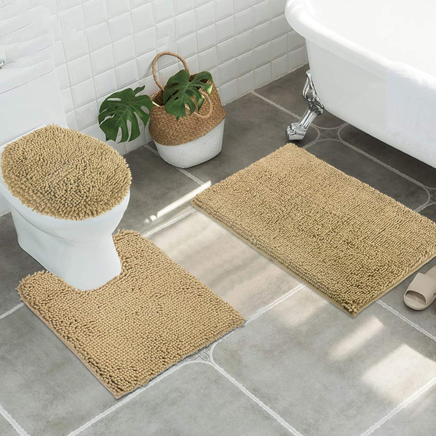 ITSOFT 3pc Non-Slip Shaggy Chenille Bathroom Mat Set, Includes 24 x 21 Inches U-Shaped Contour Toilet Rug, 34 x 21 Inches Bathmat and 1 Toilet Lid Cover, Spa Blue