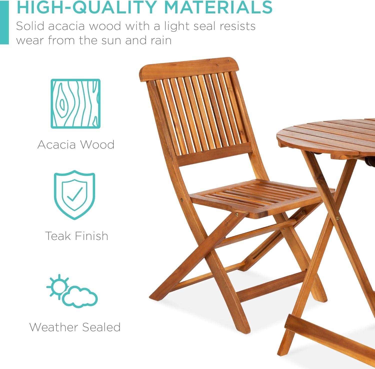 Best Choice Products 3-Piece Acacia Wood Bistro Set, Folding Patio Furniture w/ 2 Chairs, Table, Teak Finish - Natural