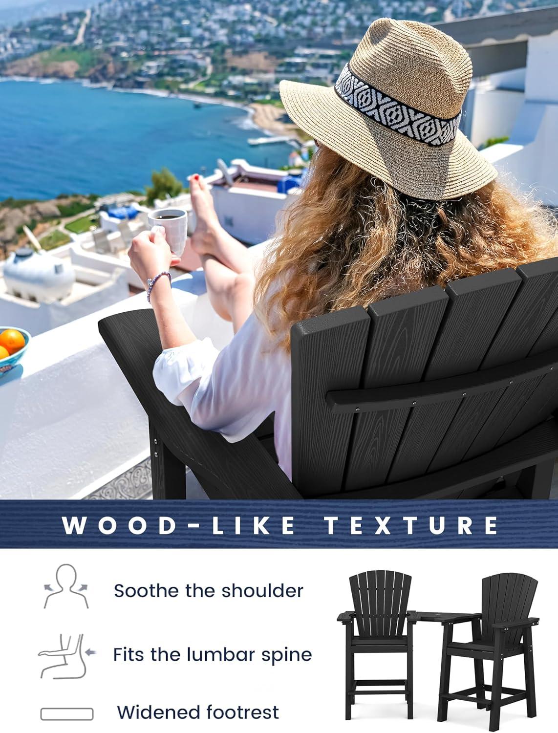 JUSTLET Tall Plastic Adirondack Chair Set of 2 W/ Outdoor Barstools and Connecting Tray, Brown