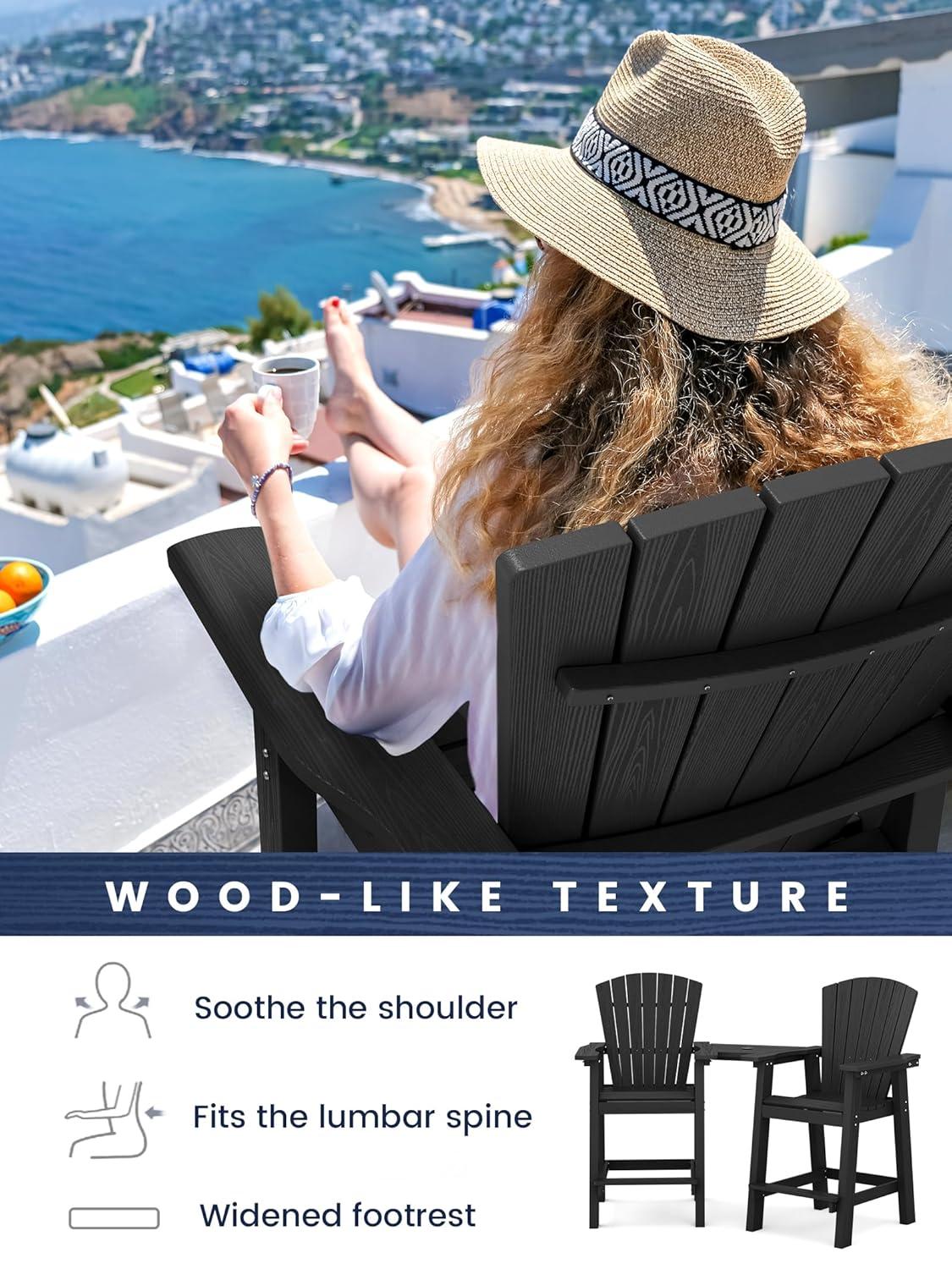 JUSTLET Tall Plastic Adirondack Chair Set of 2 W/ Outdoor Barstools and Connecting Tray, Brown