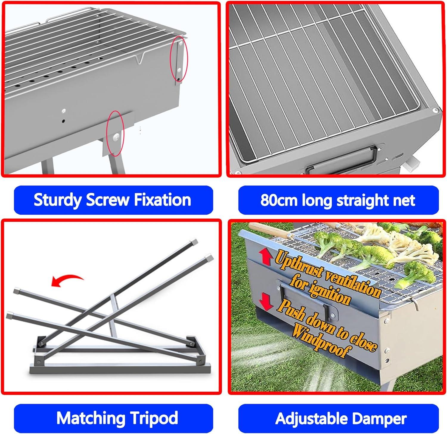 Portable Charcoal Grills, 32" x 8" Stainless Steel Folded Camping Grill Kebab Skewer BBQ Barbecue Grill Kit for Garden Backyard Party Picnic Travel Home Outdoor Cooking Use