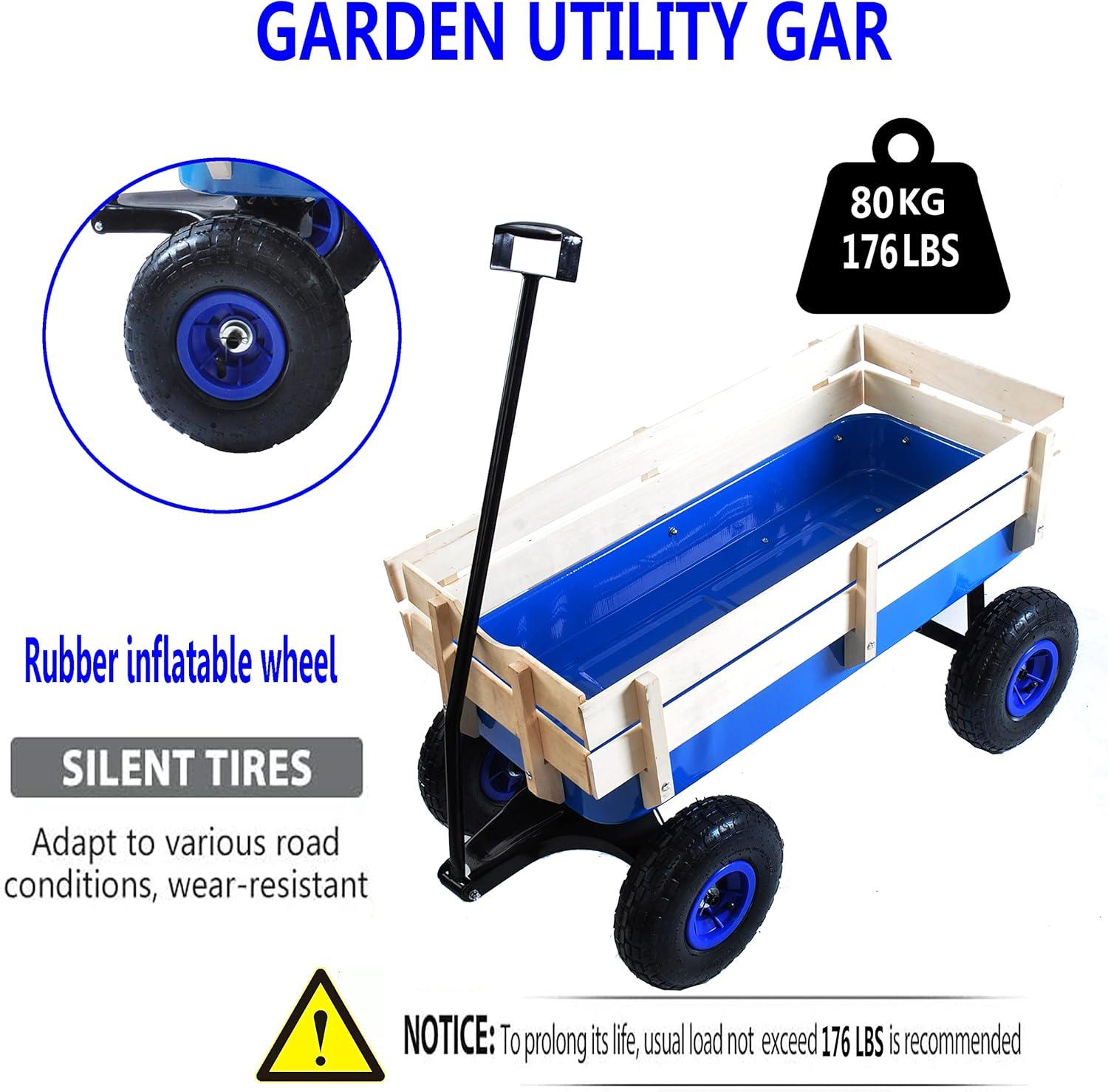 Outdoor Wagon All Terrain Pulling Wood Railing Air Tires Garden Cart