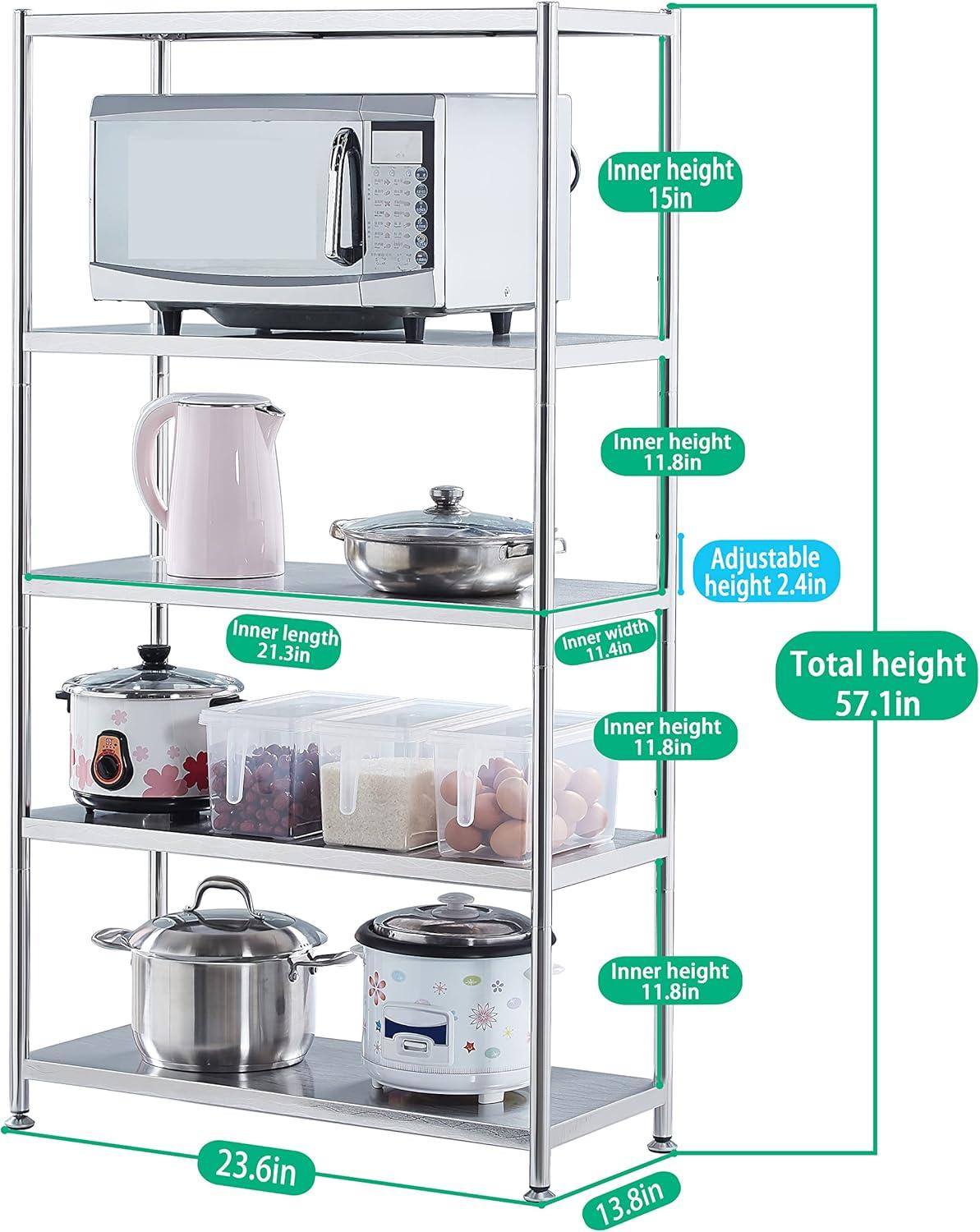 susunnus Stainless Steel Shelves 23.6in-5 Tier, Stainless Steel Shelf Organizer, Kitchen Storage Shelves,Artistic Texture, Pragmatic & Sturdy & Waterproof