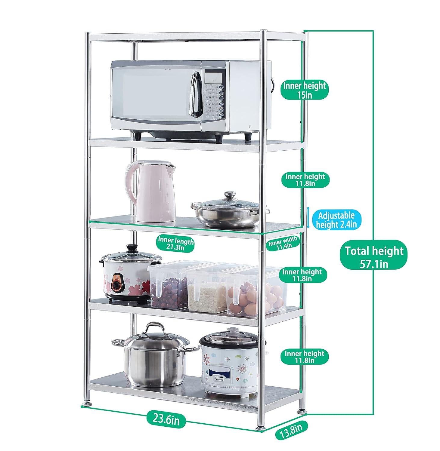 susunnus Stainless Steel Shelves 23.6in-5 Tier, Stainless Steel Shelf Organizer, Kitchen Storage Shelves,Artistic Texture, Pragmatic & Sturdy & Waterproof