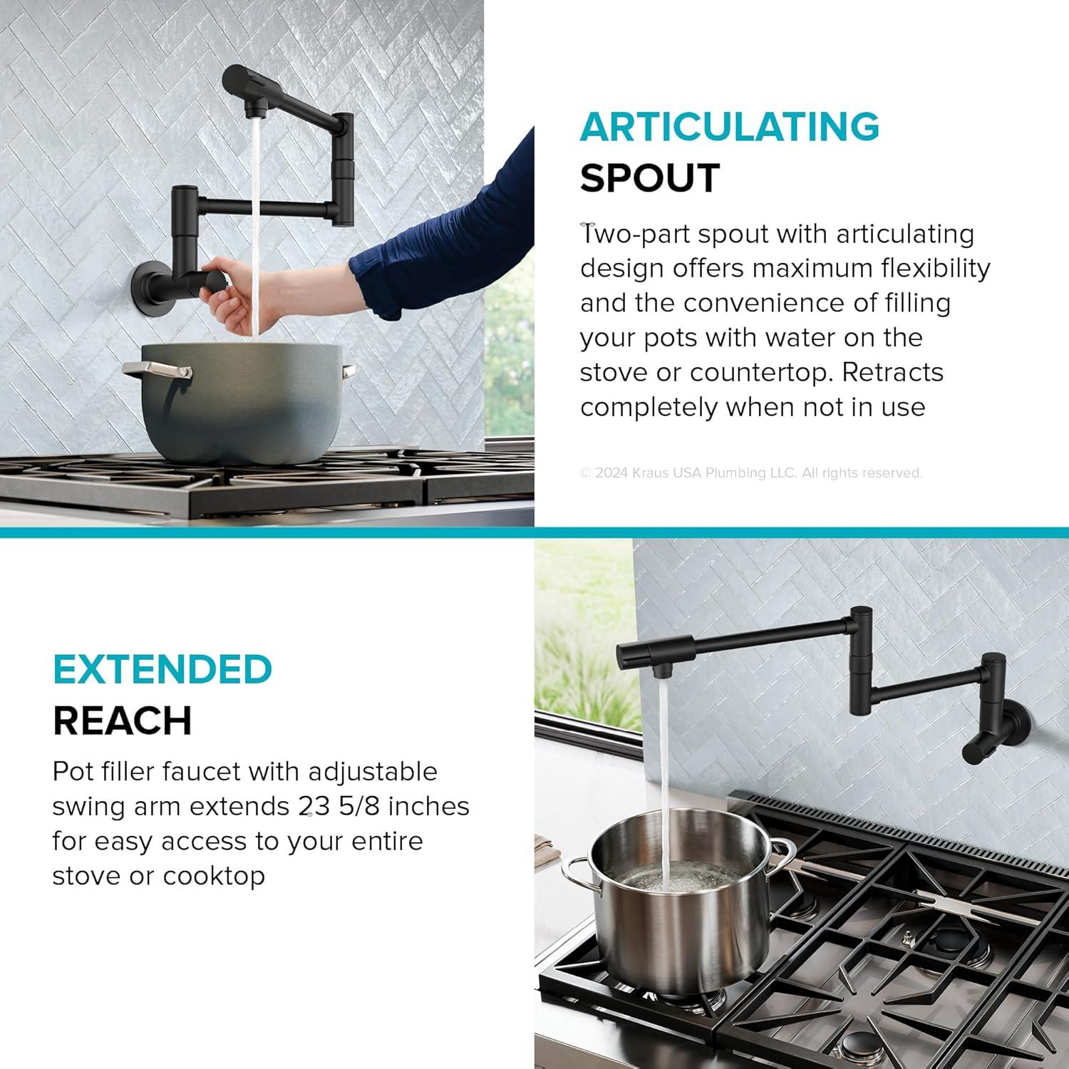 KRAUS Bolden 2 Handle Pot Filler Faucet With Retractable Arm, Wall Mount Kitchen Faucet, Pot Filler For Over Stove