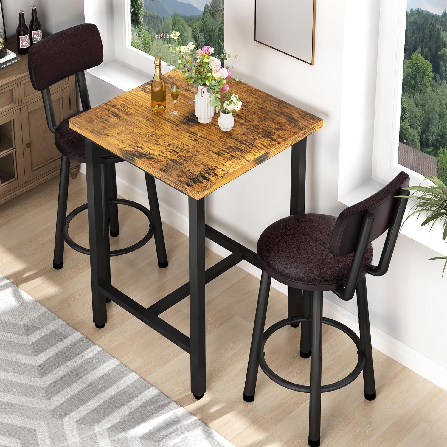 TiaGOC 3 Piece Pub Dining Set, Modern bar Table and Stools for 2 Kitchen Counter Height Wood Top Bistro Easy Assemble for Breakfast Nook Living Room Small Space Restaurant, Rustic Brown 24”
