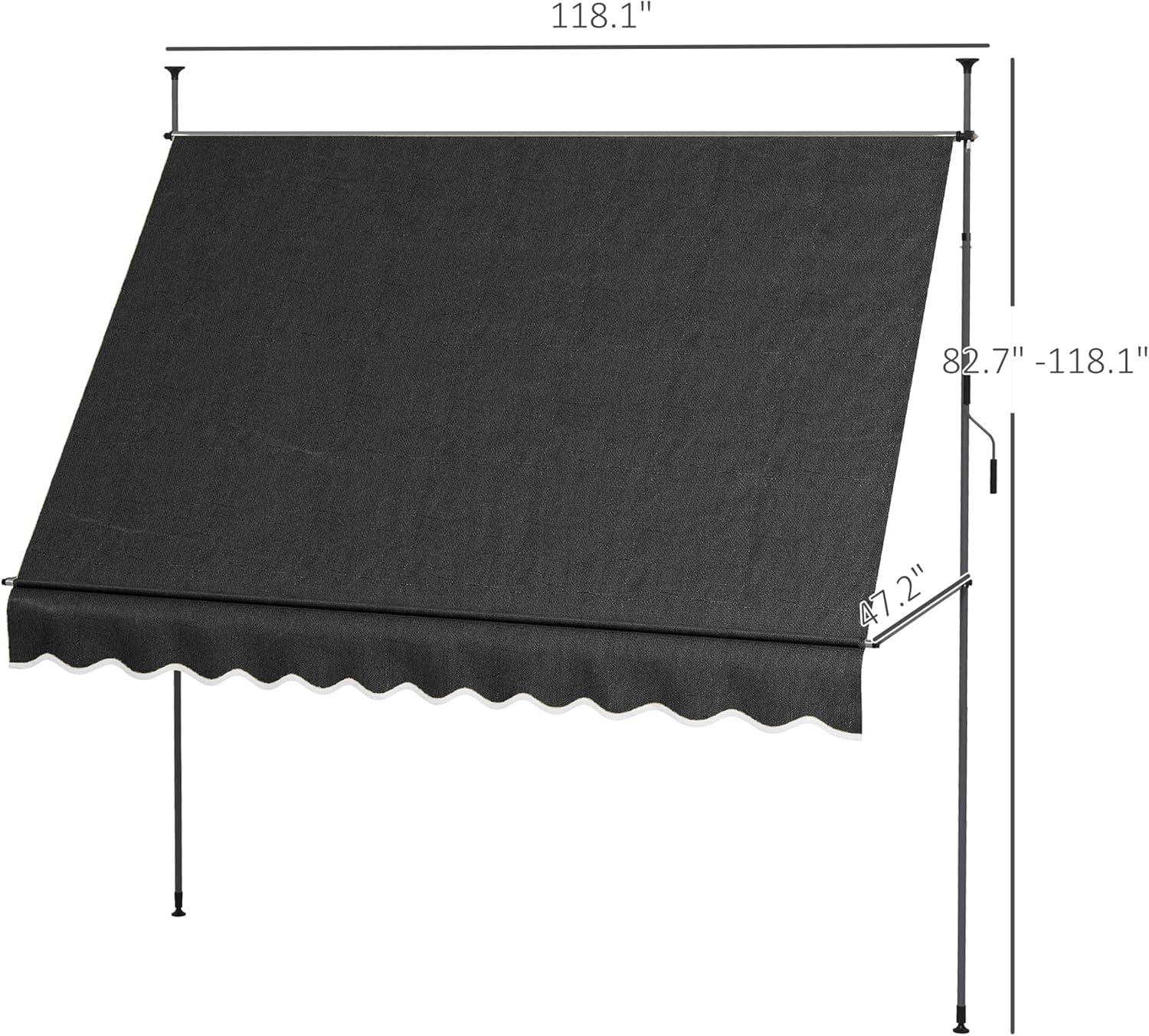 Manual Retractable Awning, 118" Non-Screw Patio Sun Shade Shelter with Support Pole Stand and UV Resistant Fabric, for Window, Door, Porch, Deck, Black