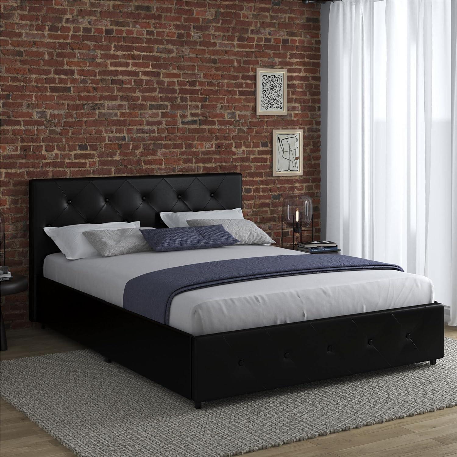 DHP Dakota Upholstered Bed with Storage Drawers, Black Faux Leather, Queen
