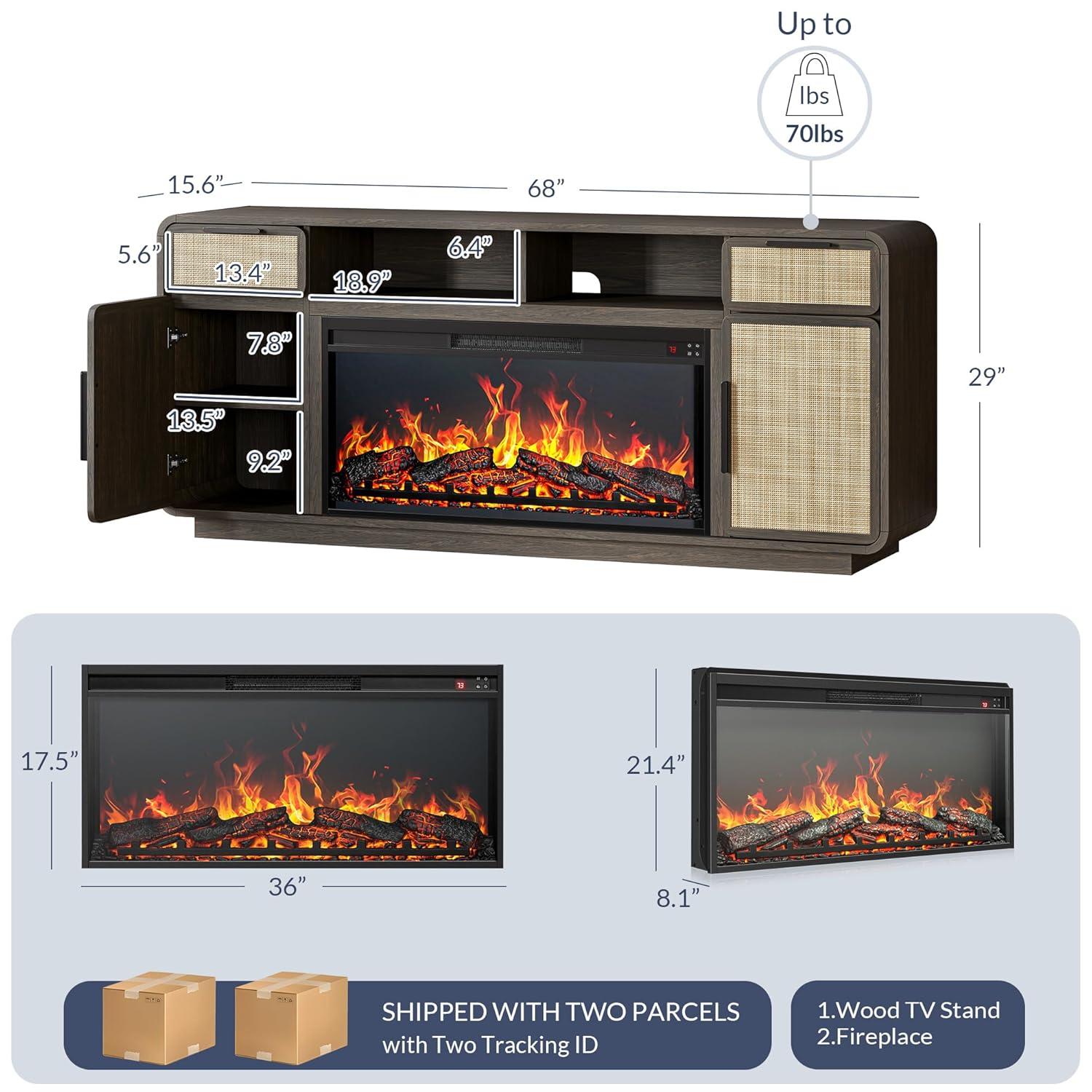 BELLEZE 68" TV Stand for TV Up to 75", Entertainment Center with 36" Electric Fireplace Heater, Rattan Decorated Console Table Storage Cabinet for Living Room, Bedroom - Bower(Brown)