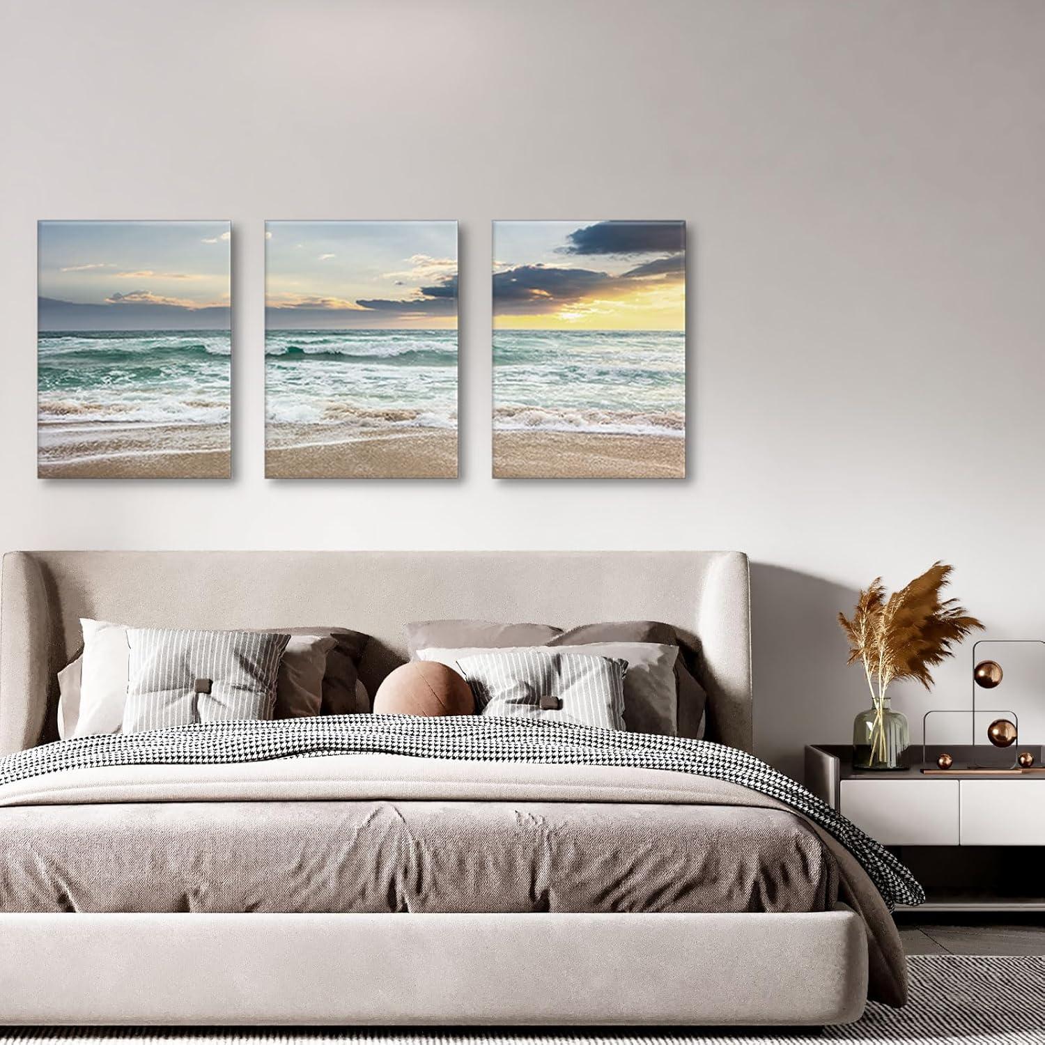 Asdg12s-3 Panel Wall Art Blue Sea Sunset White Beach Painting The Picture Print On Canvas Seascape The Pictures for Home Decor Decoration,Ready to Hang