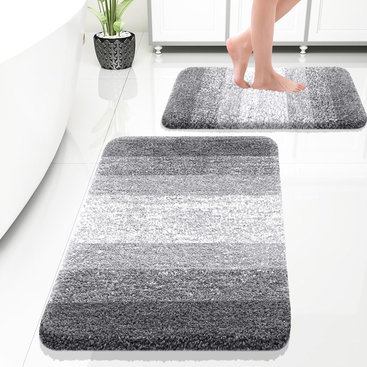 Gray Striped Microfiber 2-Piece Bathroom Rug Set