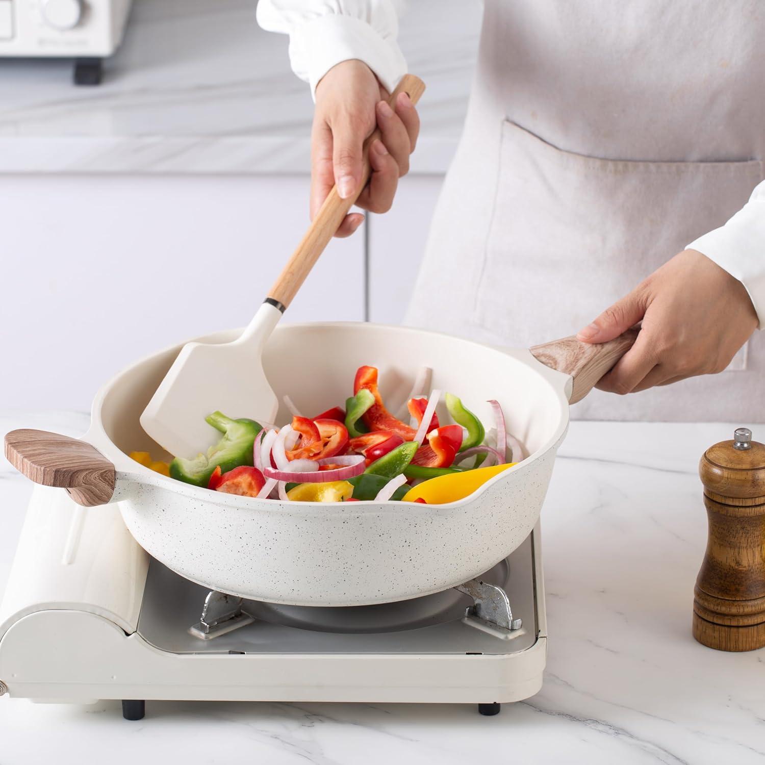 Cream Nonstick Aluminum Cookware Set with Wood Handles, 14 Pieces