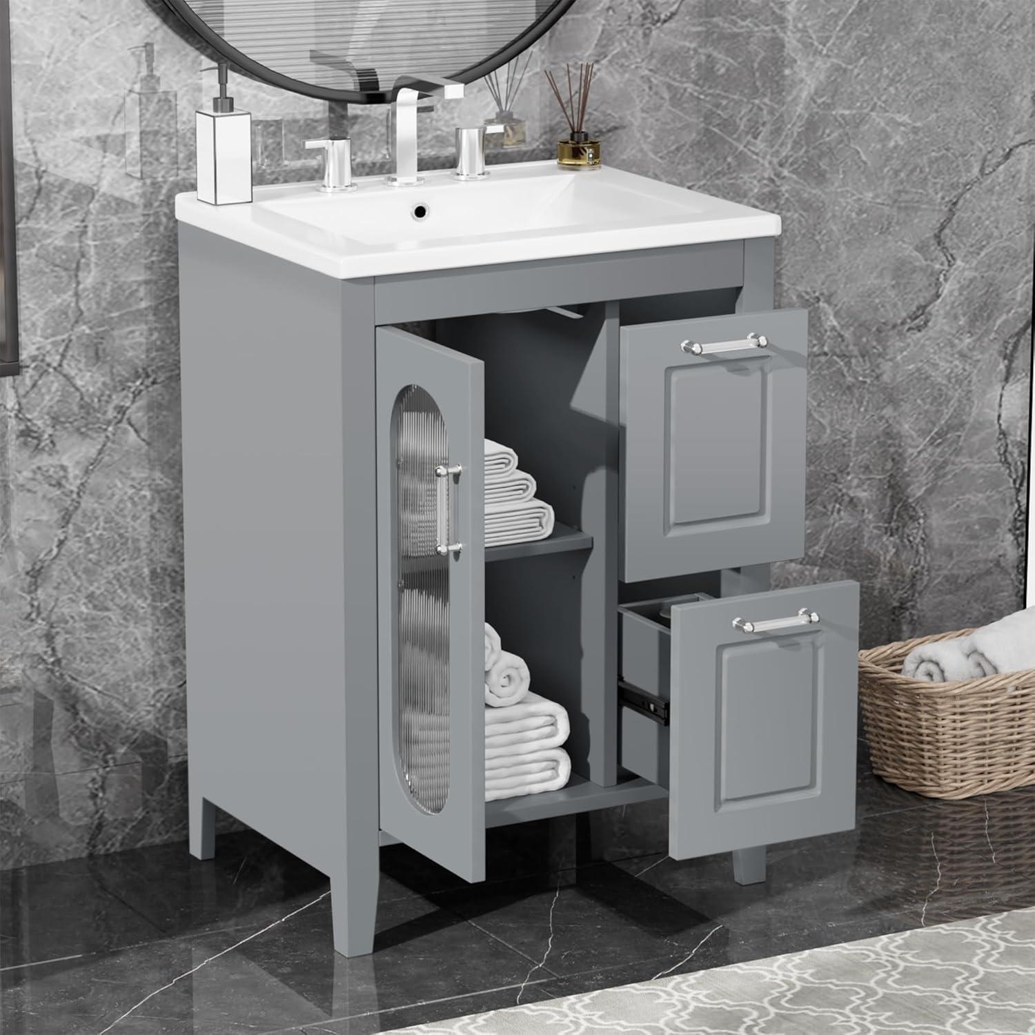 Tryimagine 24" Bathroom Vanity With Sink, Bathroom Vanity Cabinet With Two Drawers And Door, Adjustable Shelf, Solid Wood And MDF