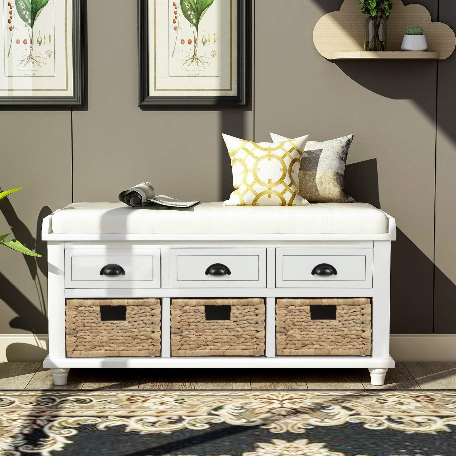 Harper & Bright Designs TREXM Rustic Storage Bench with 3 Drawers and 3 Rattan Baskets, Shoe Bench for Living Room, Entryway (White)