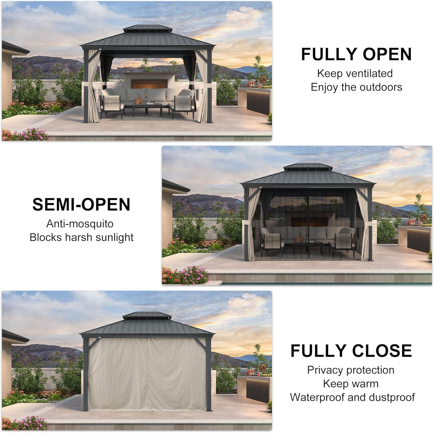 Beige and Gray 10' x 12' Galvanized Steel Hardtop Gazebo with Curtains