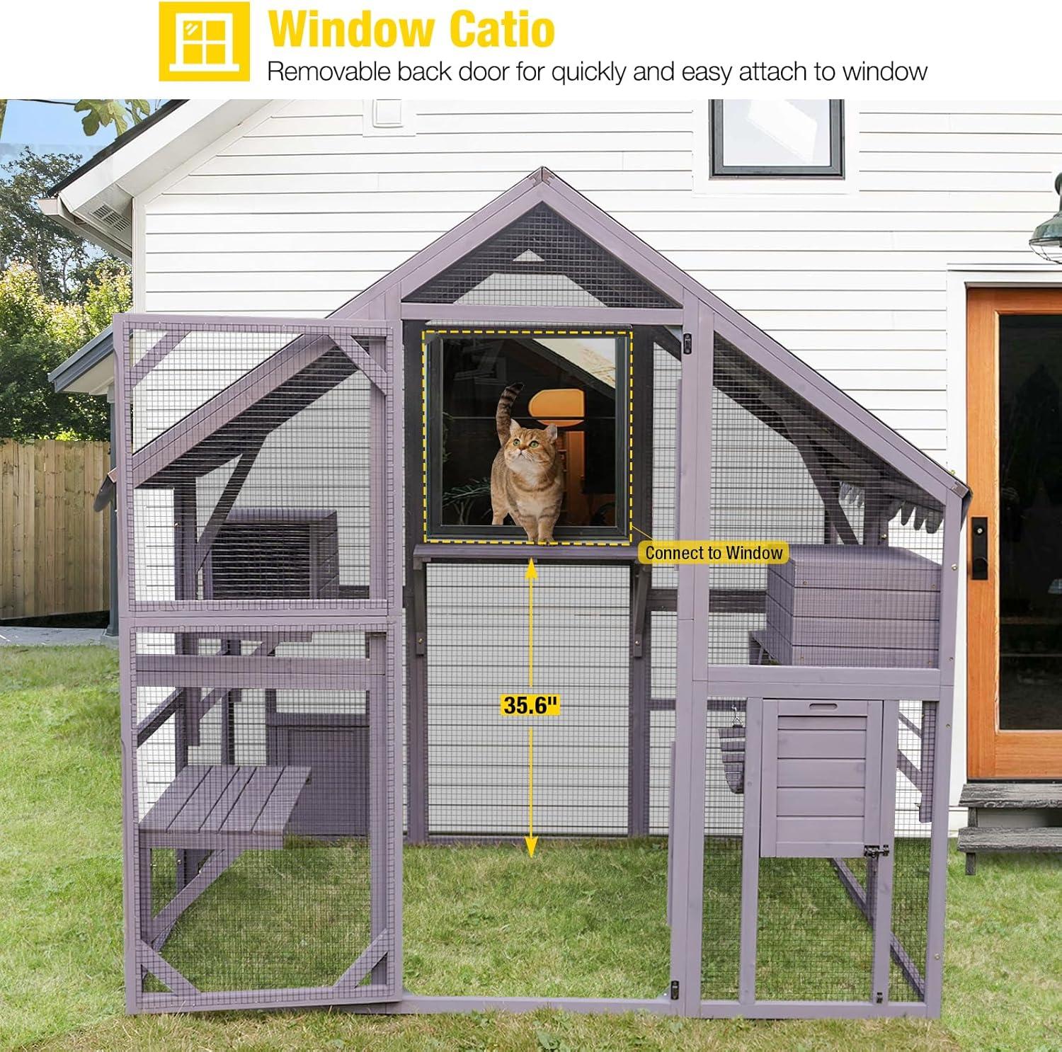 Large Gray Wooden Outdoor Cat House with Wire Mesh