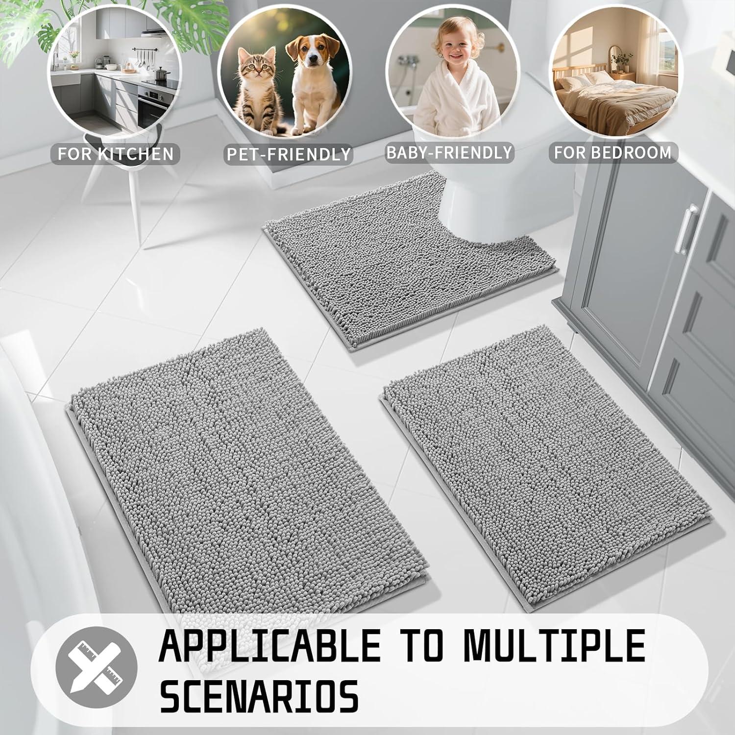 CHENHAINAN Bathroom Rug Mat, 24'' x 17'', Luxury Chenille Shaggy Bath Rugs, Extra Soft & Thick, Absorbent Water, Non-Slip, Machine Washable, Bath Mats for Bath Floor,Tub and Shower, Gray