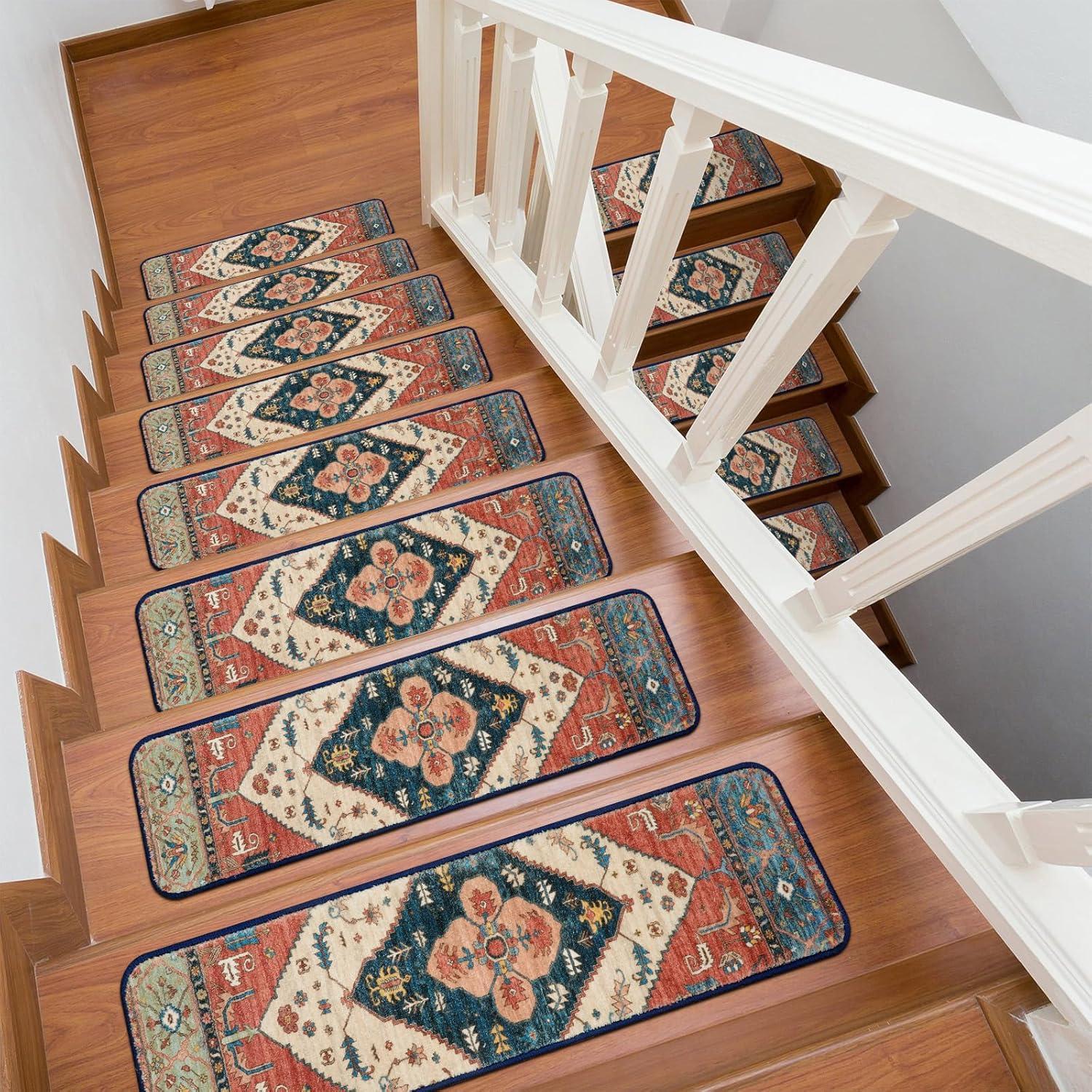 Bohemian Multicolor Non-Slip Stair Treads with Rubber Backing, Set of 15