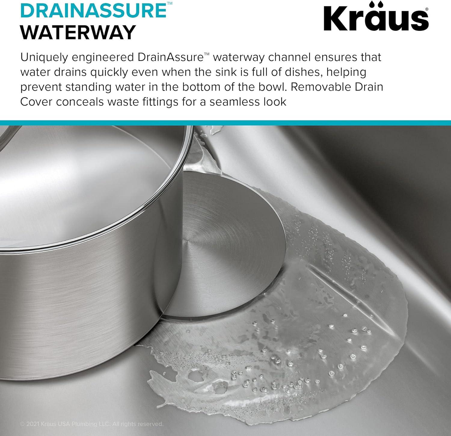 Dex™️ Series KRAUS 25-inch L Undermount Single Bowl TRU16 Gauge Stainless Steel Kitchen Sink with DrainAssure WaterWay