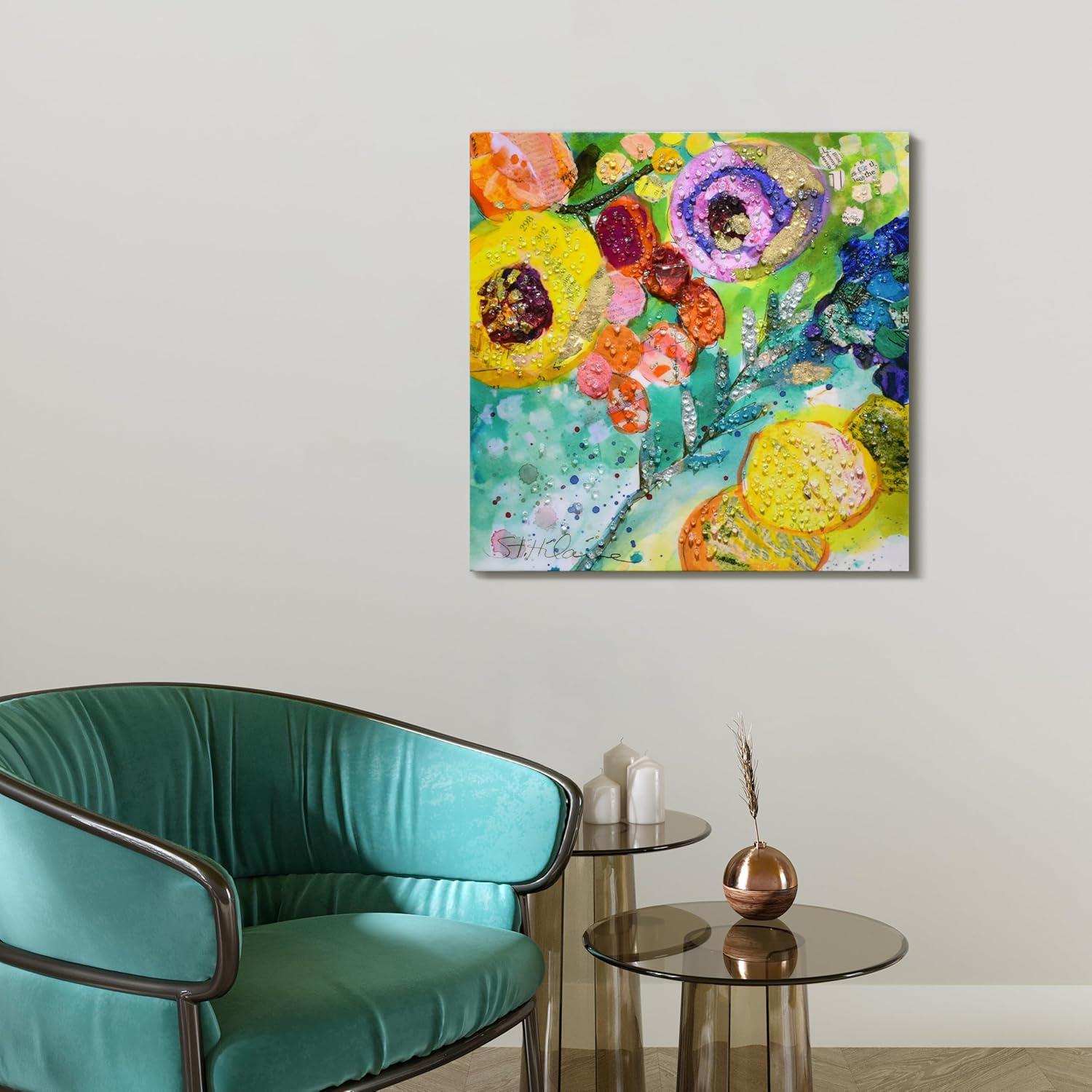 "Floral Radiance II" Crystallus Epoxy Coated Wrapped Glossy Canvas Wall Art with Heavy Acrylic Crystal Shards Embellishments